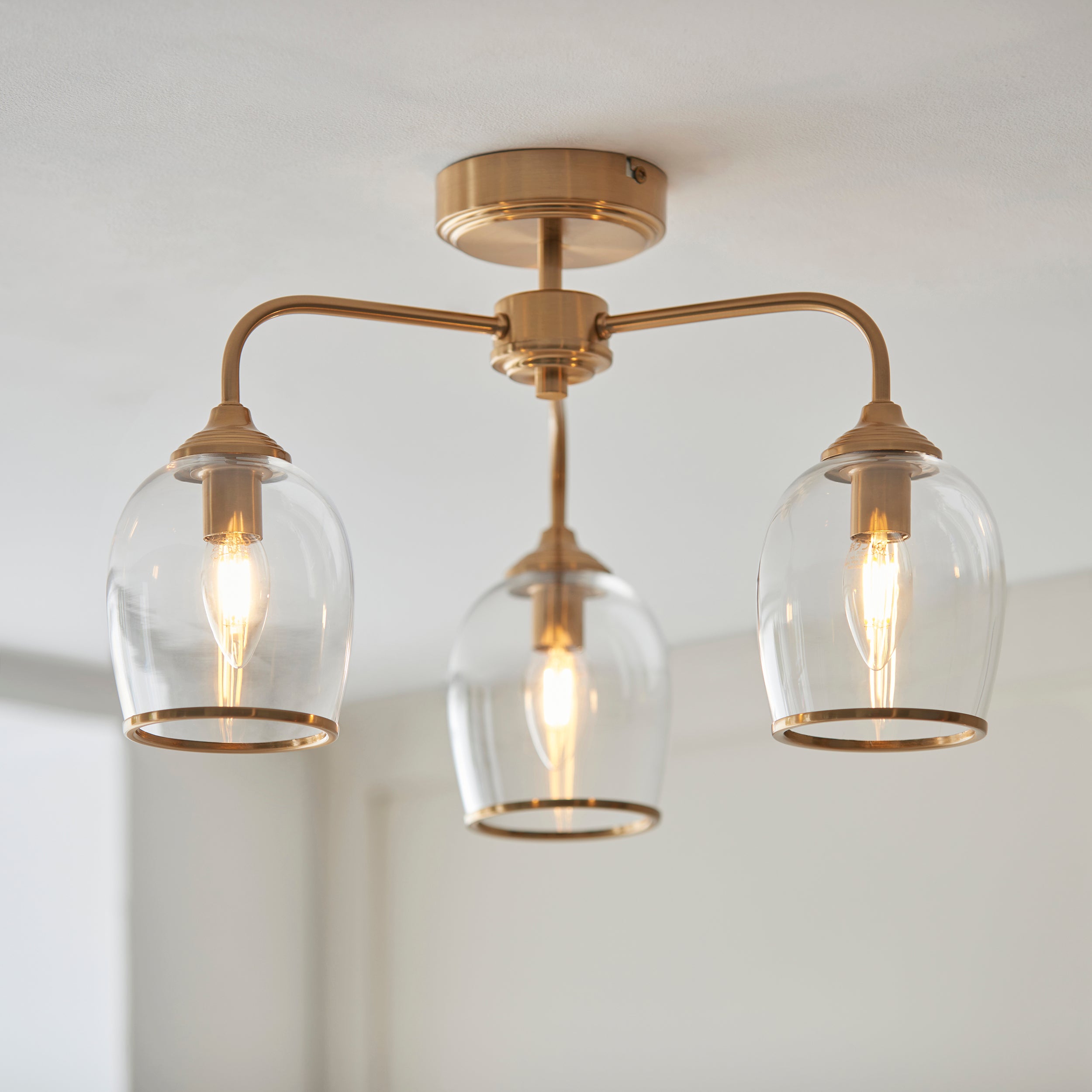 Endon Ashcroft 3 Light Semi Flush Ceiling Light - Brushed Aged Brass Plate & Clear Glass