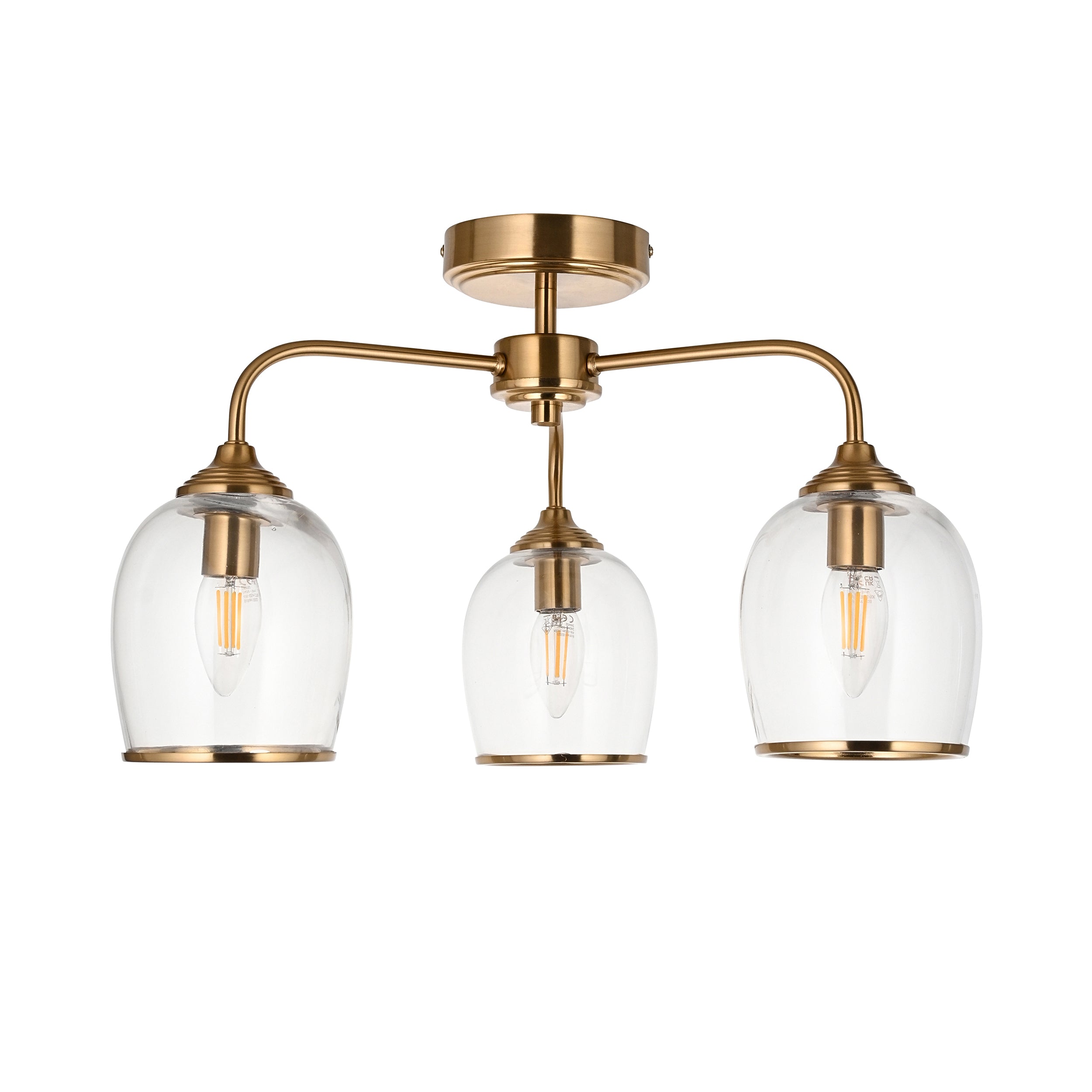 Endon Ashcroft 3 Light Semi Flush Ceiling Light - Brushed Aged Brass Plate & Clear Glass