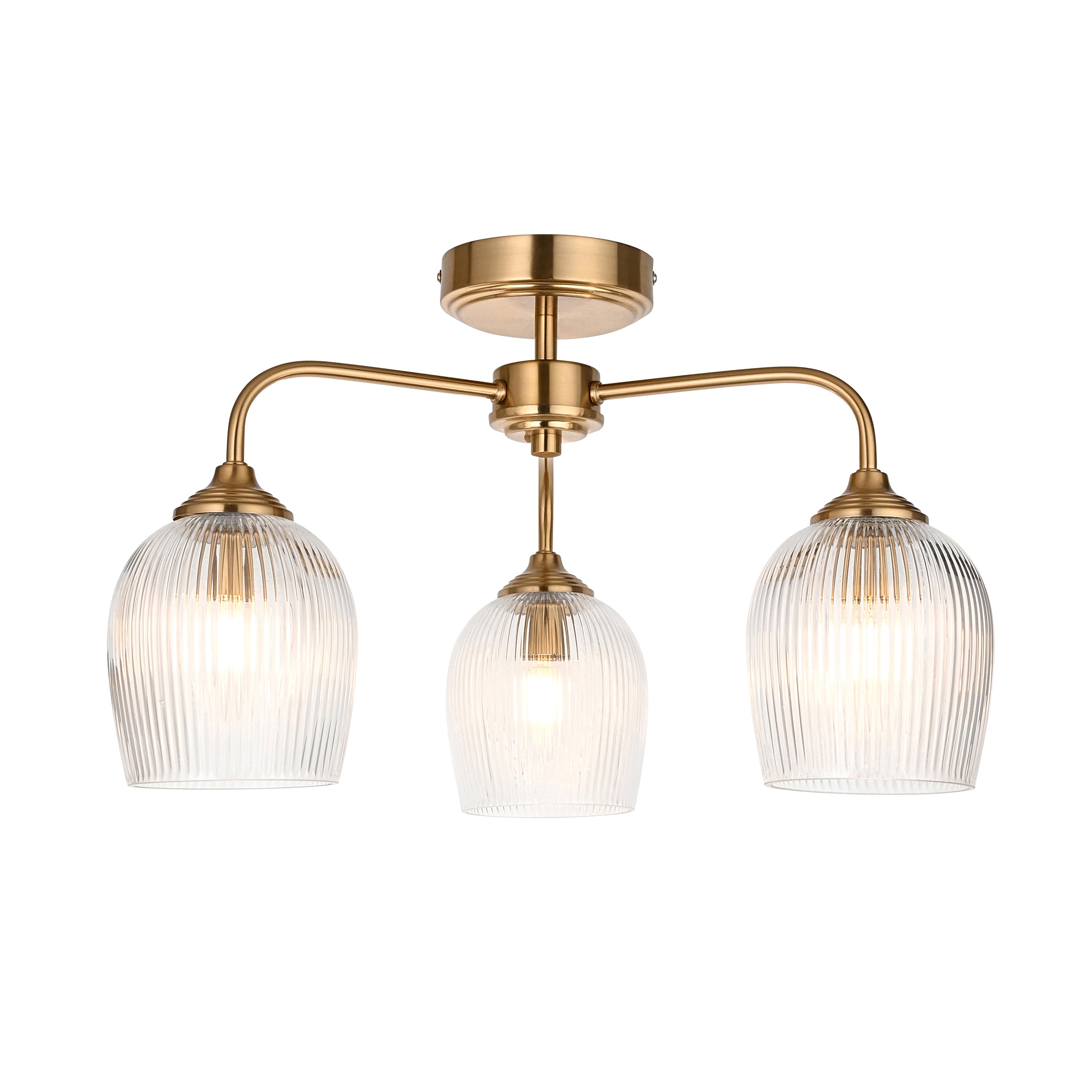 Endon Ashcroft Ribbed 3 Light Semi Flush Ceiling Light - Brushed Aged Brass Plate & Clear Ribbed Glass