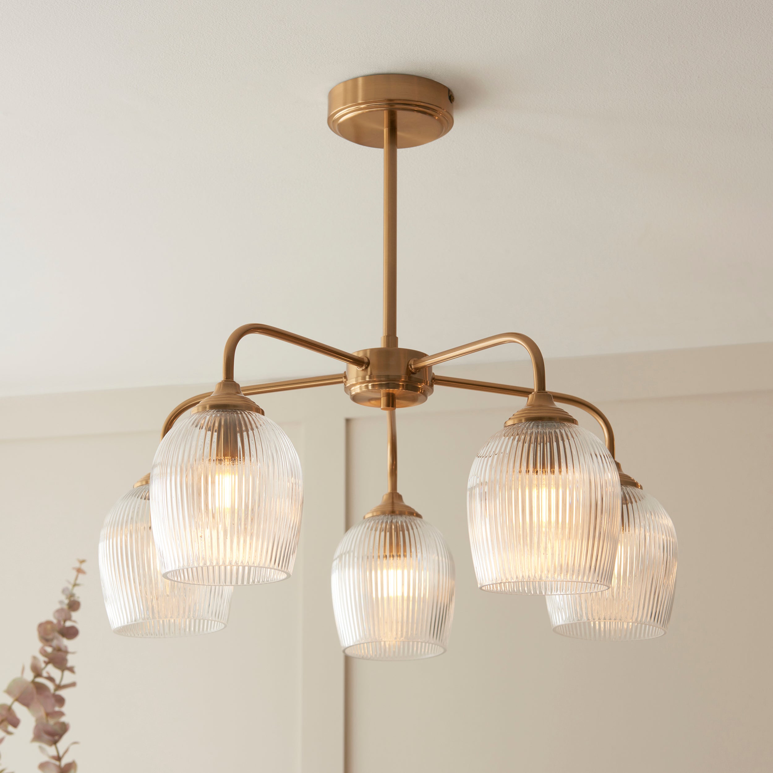 Endon Ashcroft Ribbed 5 Light Pendant - Brushed Aged Brass Plate & Clear Ribbed Glass
