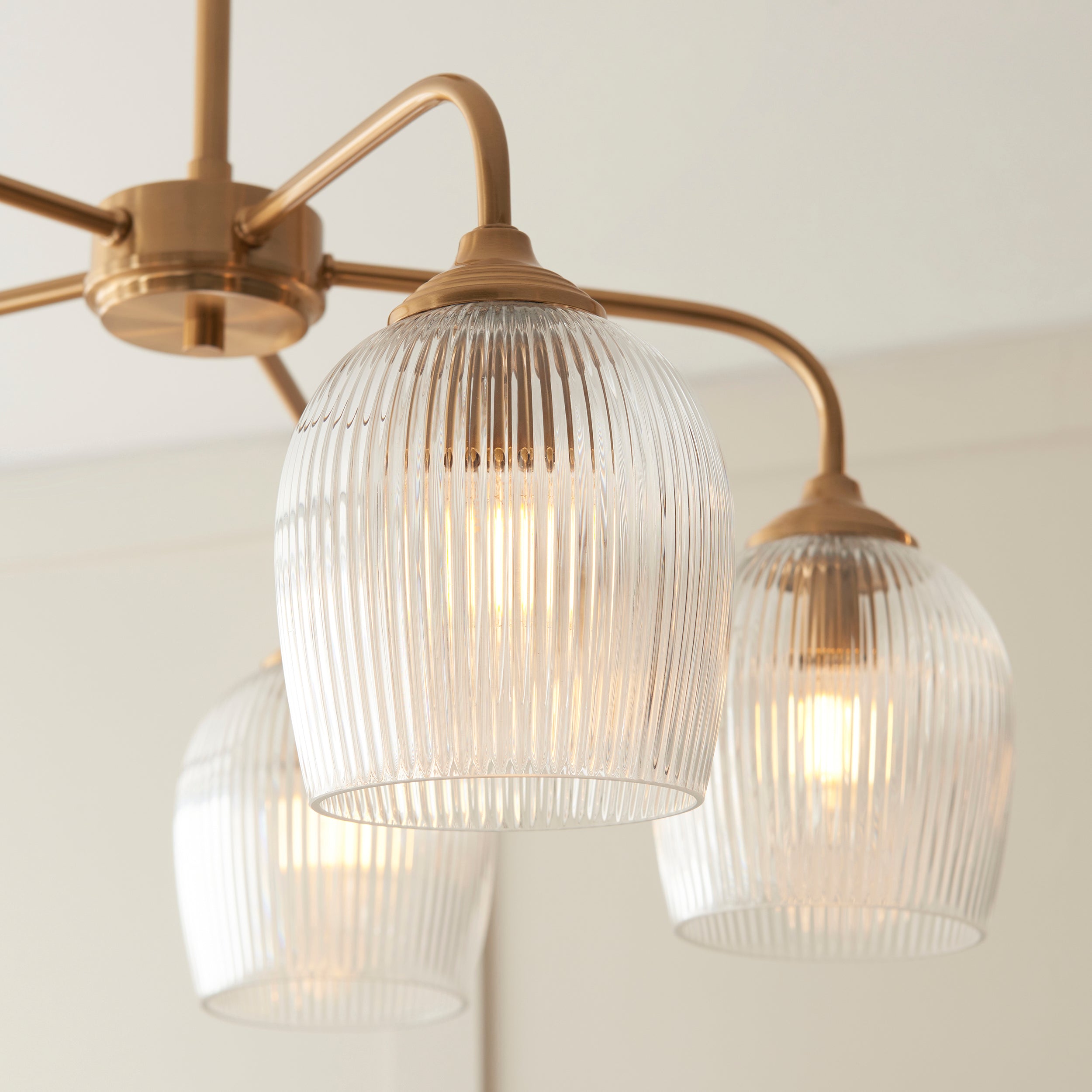 Endon Ashcroft Ribbed 5 Light Pendant - Brushed Aged Brass Plate & Clear Ribbed Glass