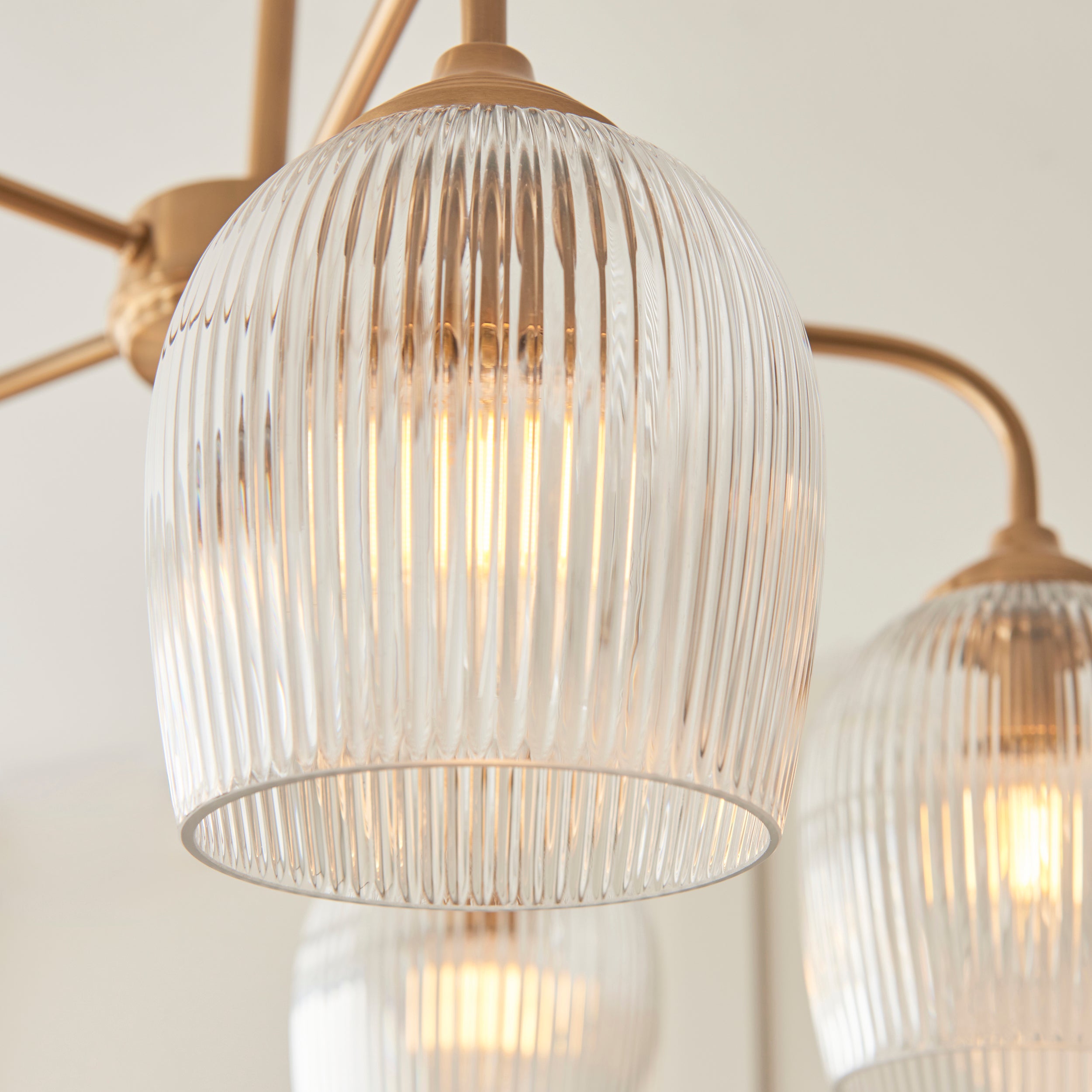 Endon Ashcroft Ribbed 5 Light Pendant - Brushed Aged Brass Plate & Clear Ribbed Glass