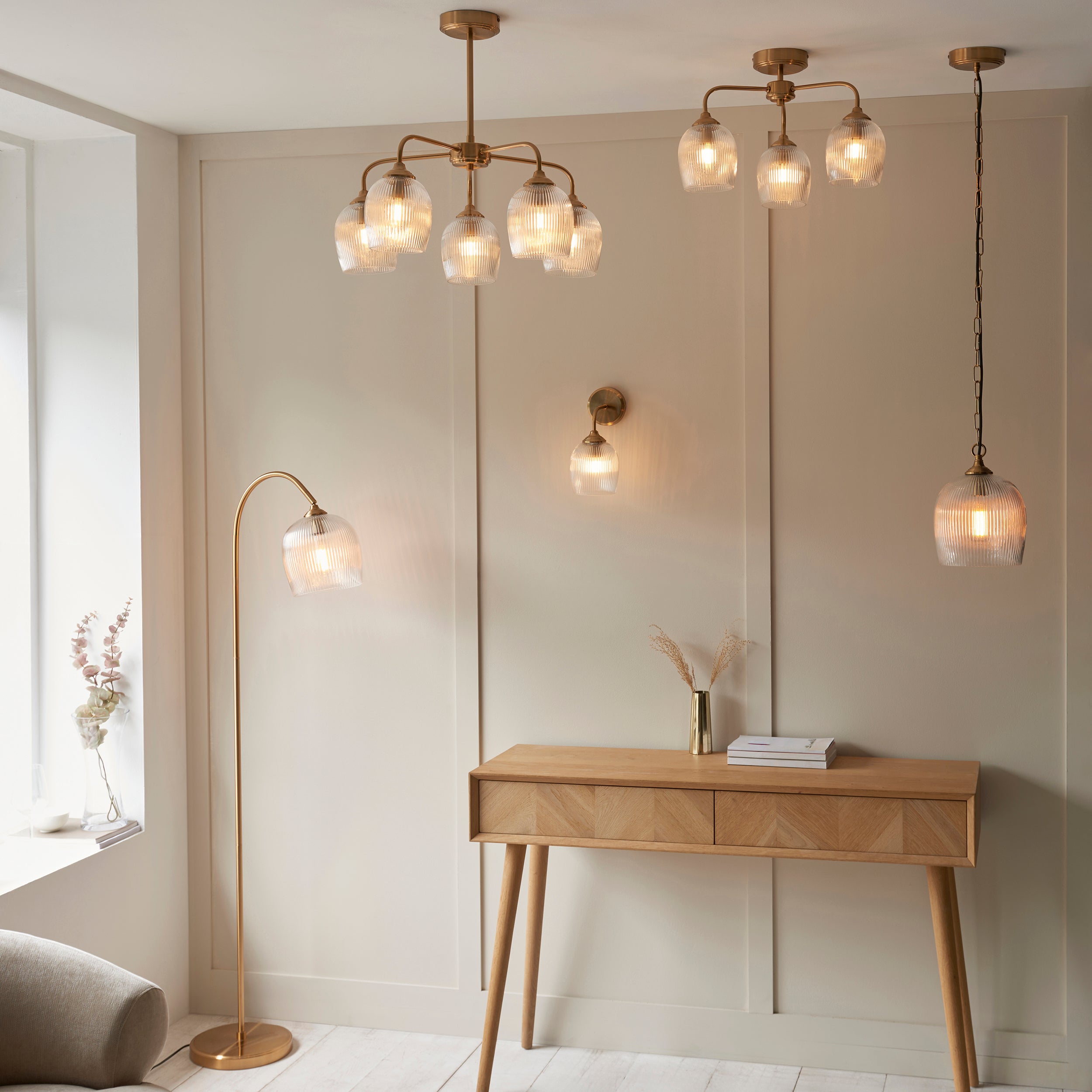 Endon Ashcroft Ribbed 5 Light Pendant - Brushed Aged Brass Plate & Clear Ribbed Glass