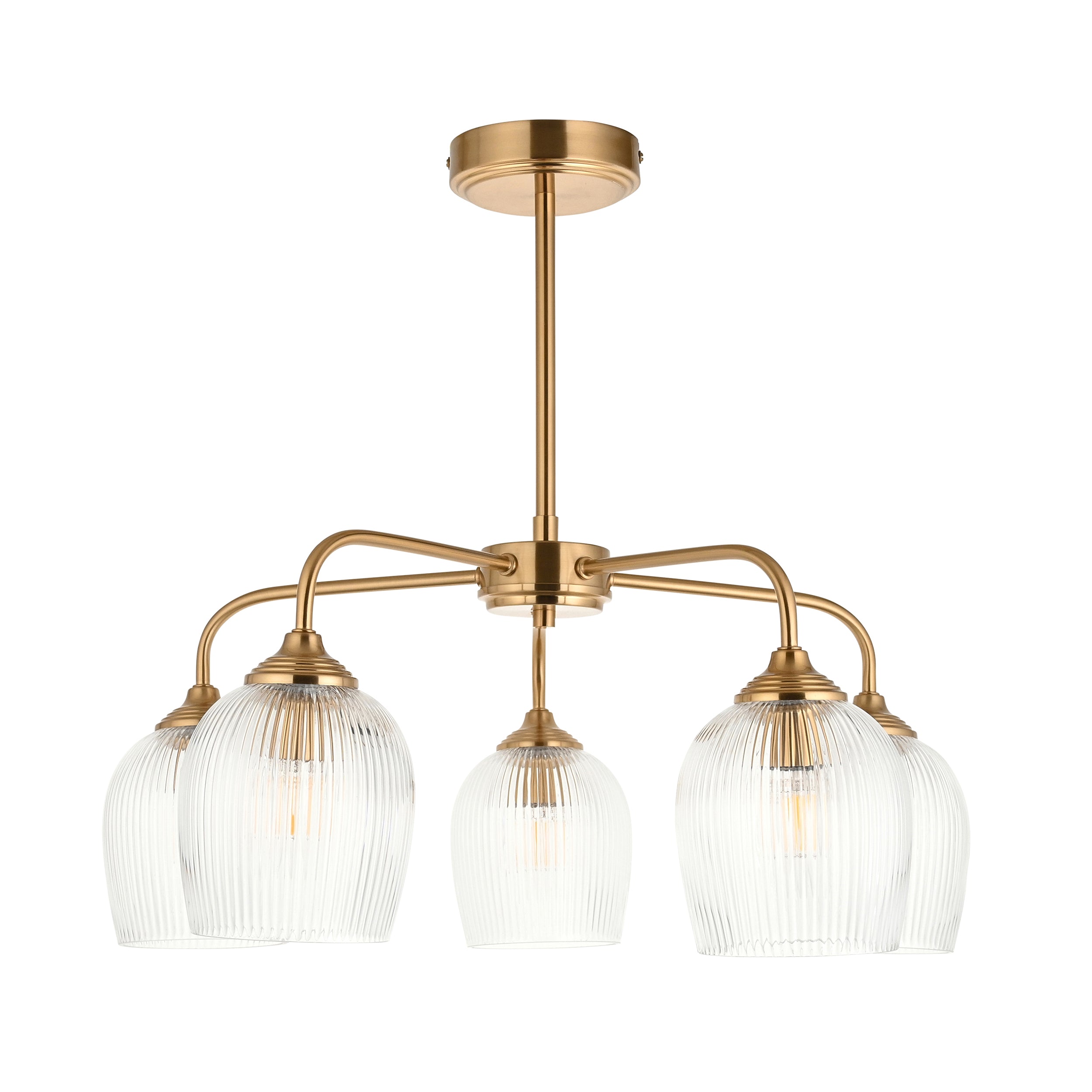 Endon Ashcroft Ribbed 5 Light Pendant - Brushed Aged Brass Plate & Clear Ribbed Glass