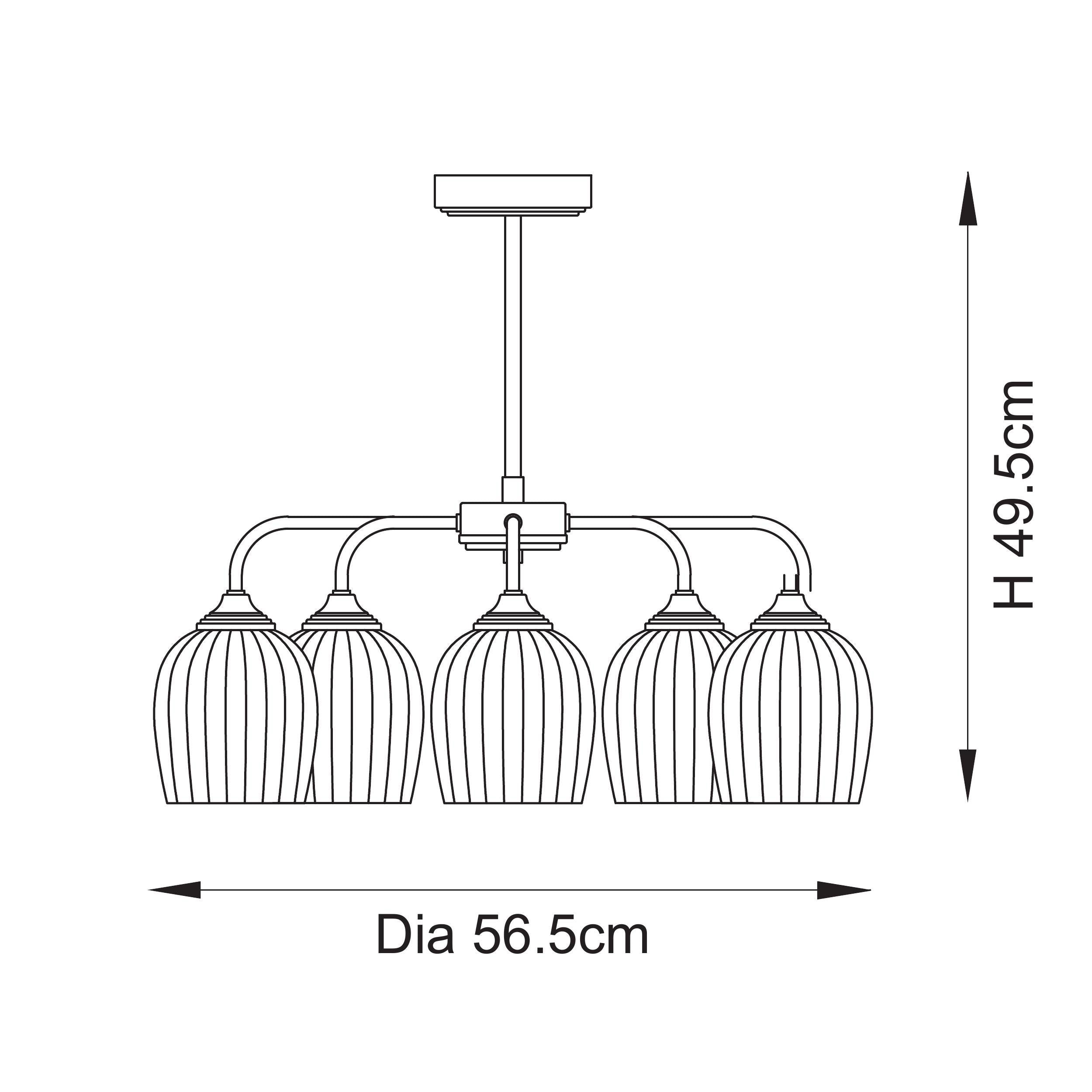 Endon Ashcroft Ribbed 5 Light Pendant - Brushed Aged Brass Plate & Clear Ribbed Glass