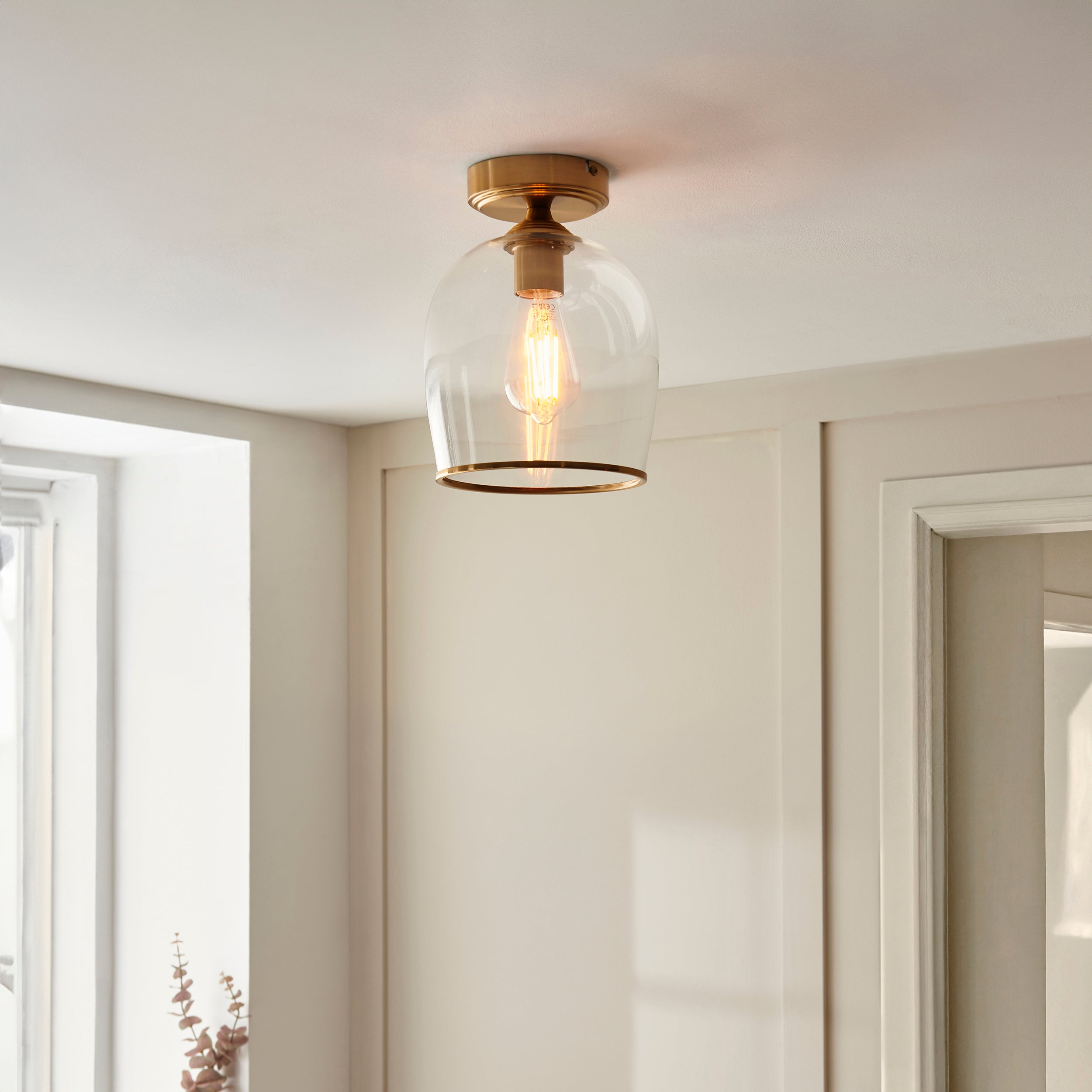Endon Ashcroft Flush Ceiling Light - Brushed Aged Brass Plate & Clear Glass