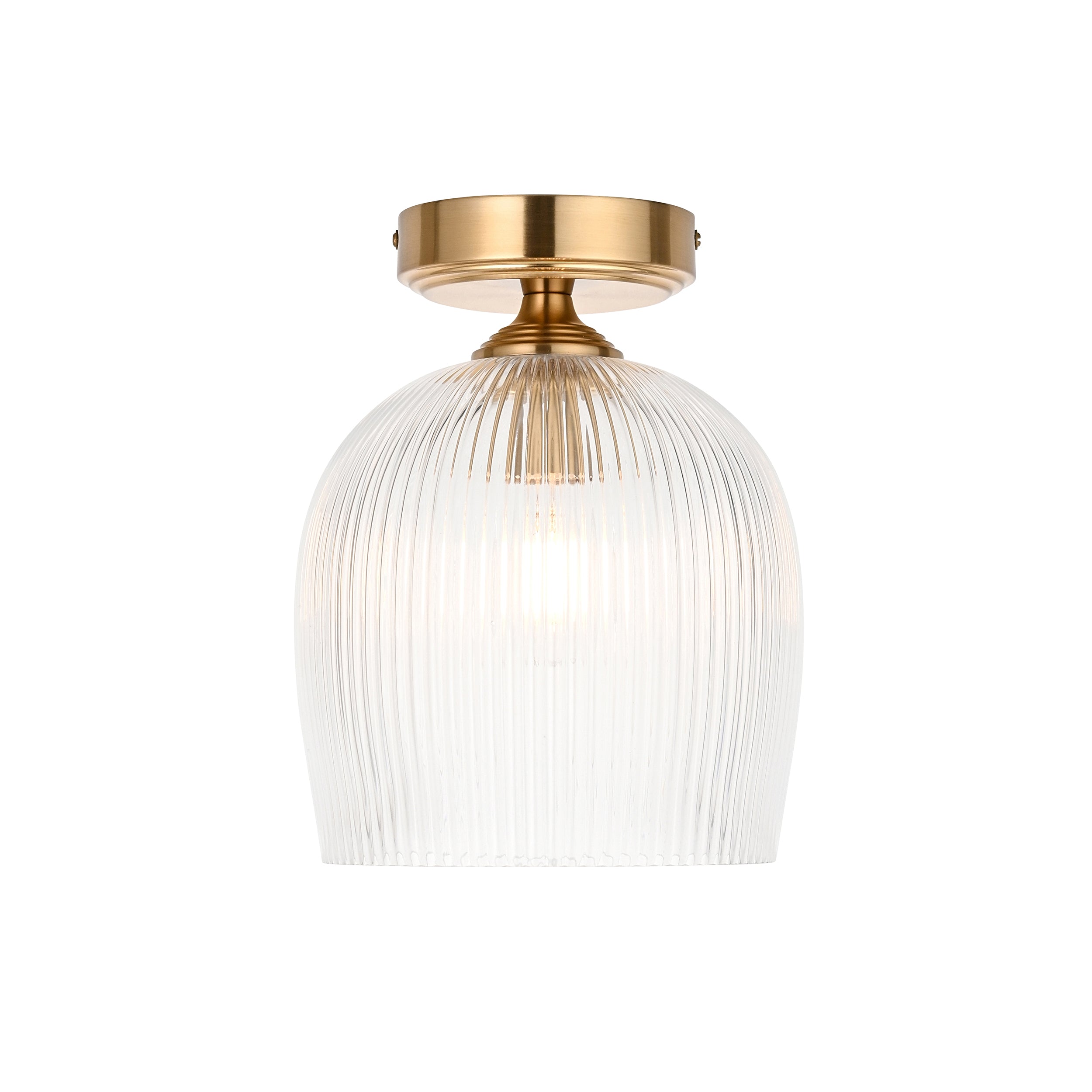 Endon Ashcroft Ribbed Flush Ceiling Light - Brushed Aged Brass Plate & Clear Ribbed Glass