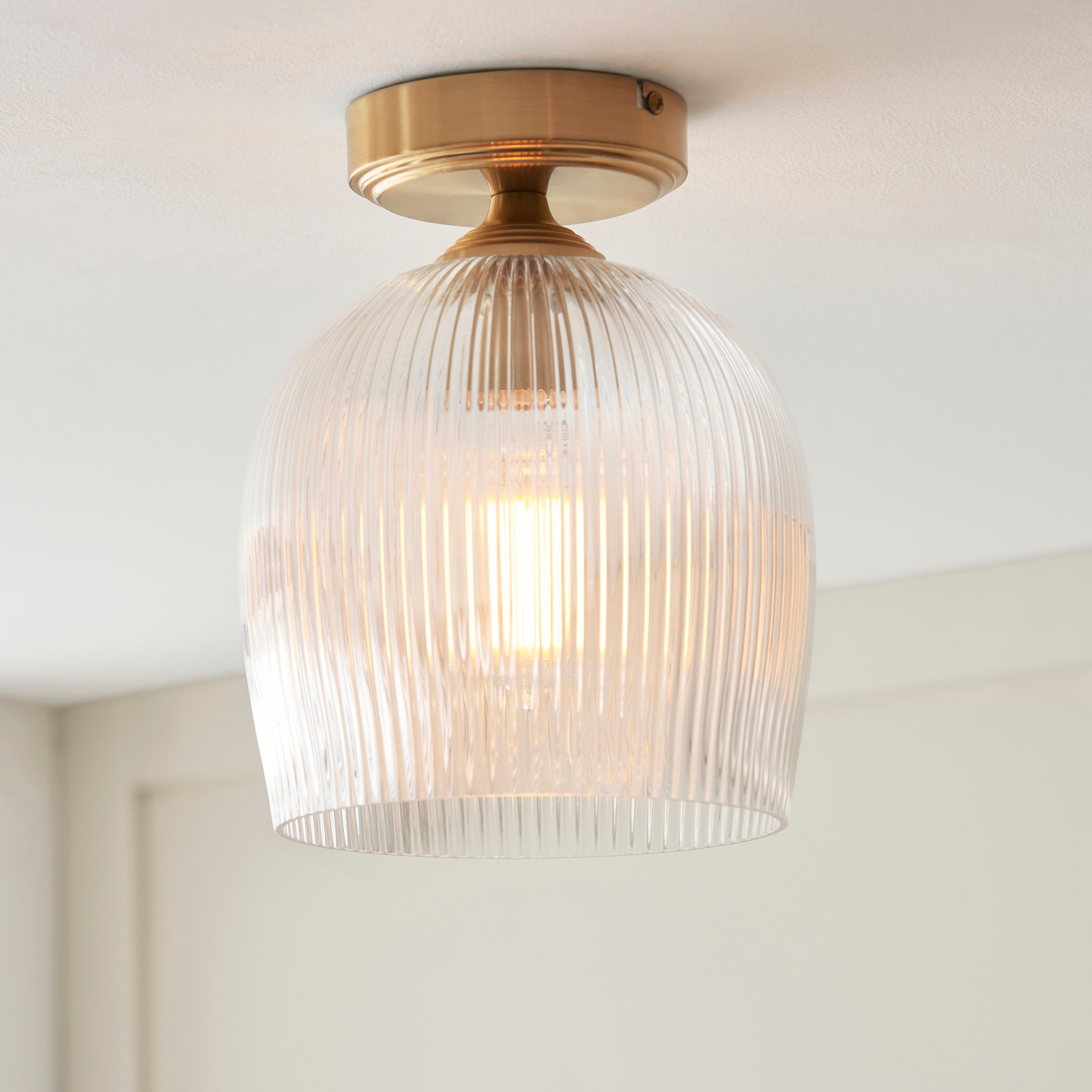 Endon Ashcroft Ribbed Flush Ceiling Light - Brushed Aged Brass Plate & Clear Ribbed Glass