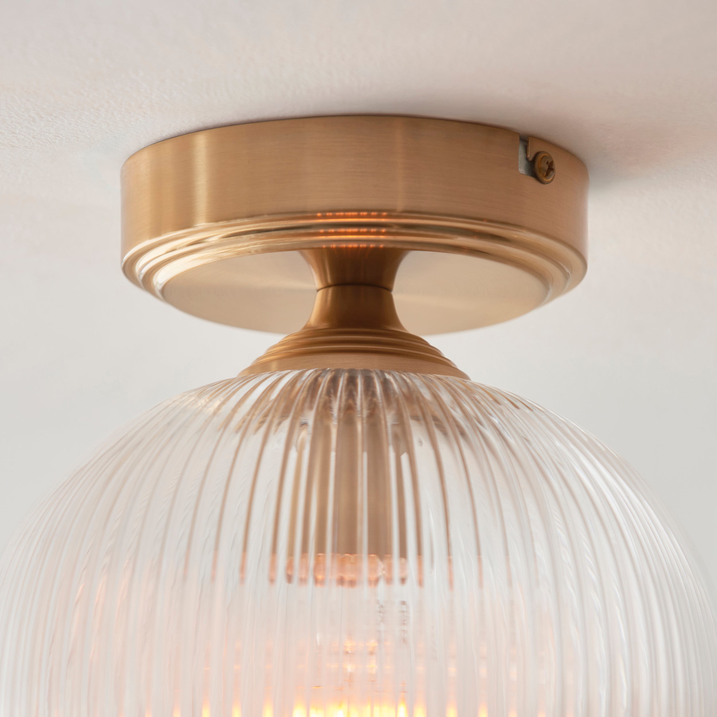 Endon Ashcroft Ribbed Flush Ceiling Light - Brushed Aged Brass Plate & Clear Ribbed Glass