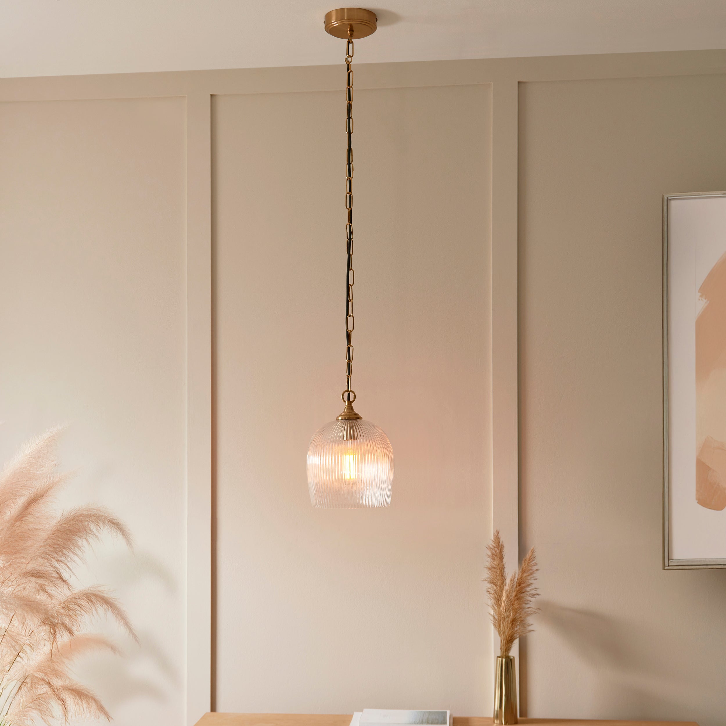 Endon Ashcroft Ribbed Pendant - Brushed Aged Brass Plate & Clear Ribbed Glass