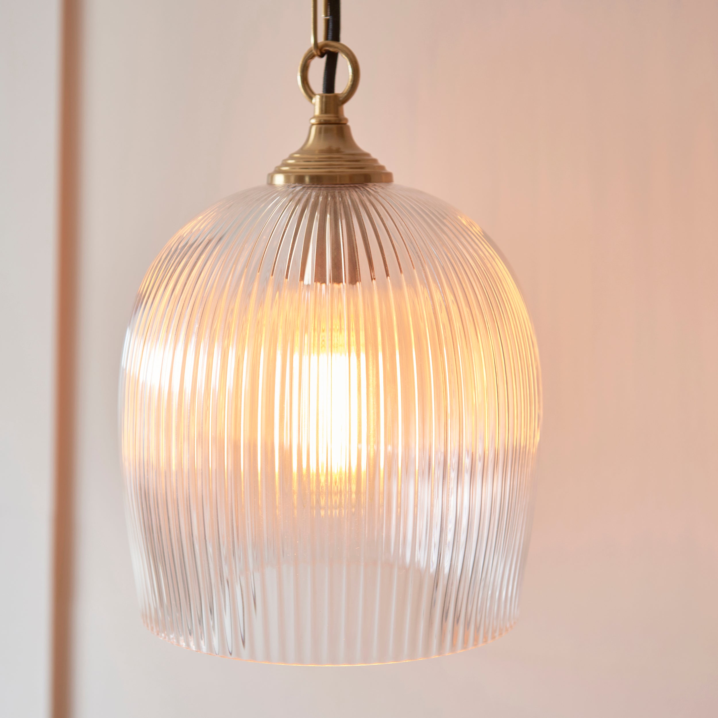 Endon Ashcroft Ribbed Pendant - Brushed Aged Brass Plate & Clear Ribbed Glass