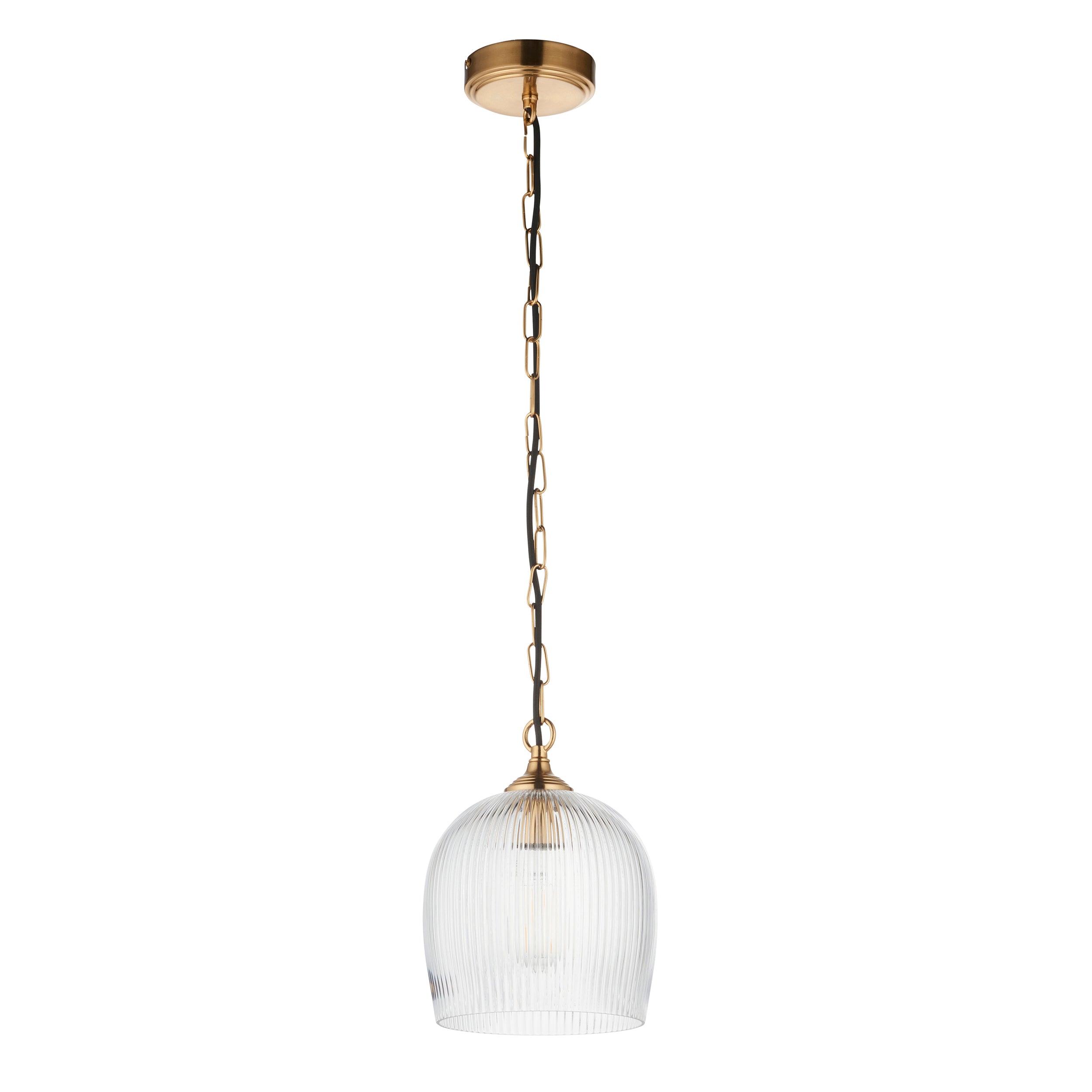 Endon Ashcroft Ribbed Pendant - Brushed Aged Brass Plate & Clear Ribbed Glass