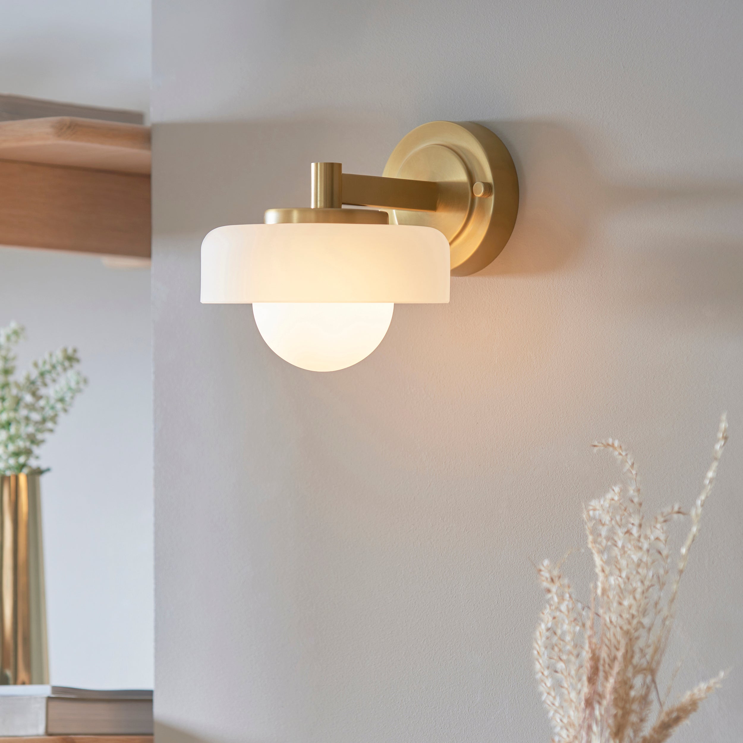 Endon Boss Wall Light - Brushed Aged Brass Plate With Frosted & Opal Glass