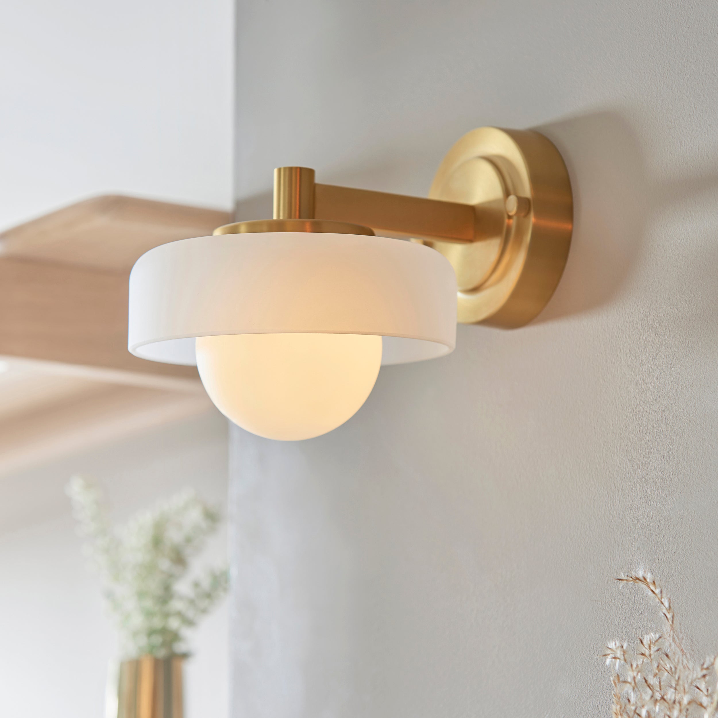 Endon Boss Wall Light - Brushed Aged Brass Plate With Frosted & Opal Glass