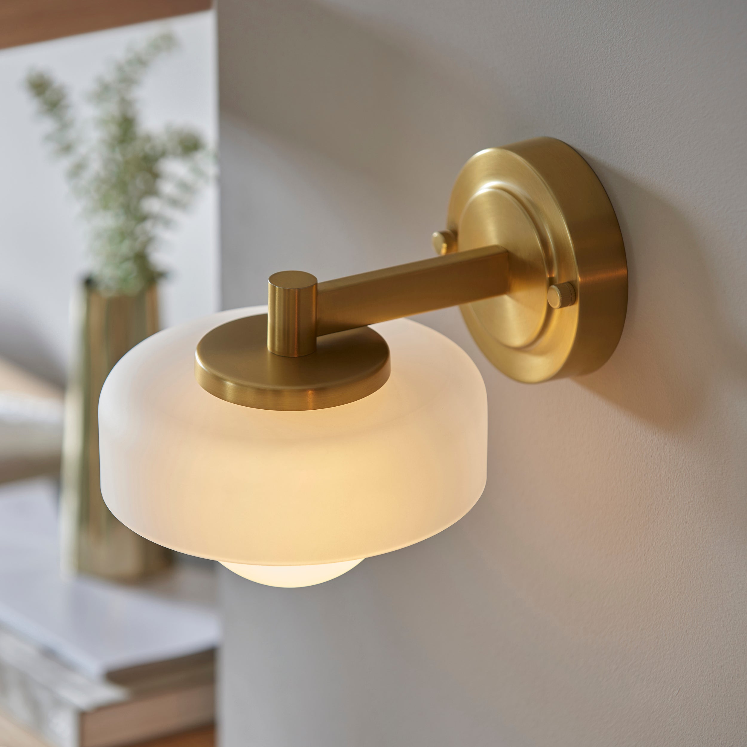 Endon Boss Wall Light - Brushed Aged Brass Plate With Frosted & Opal Glass