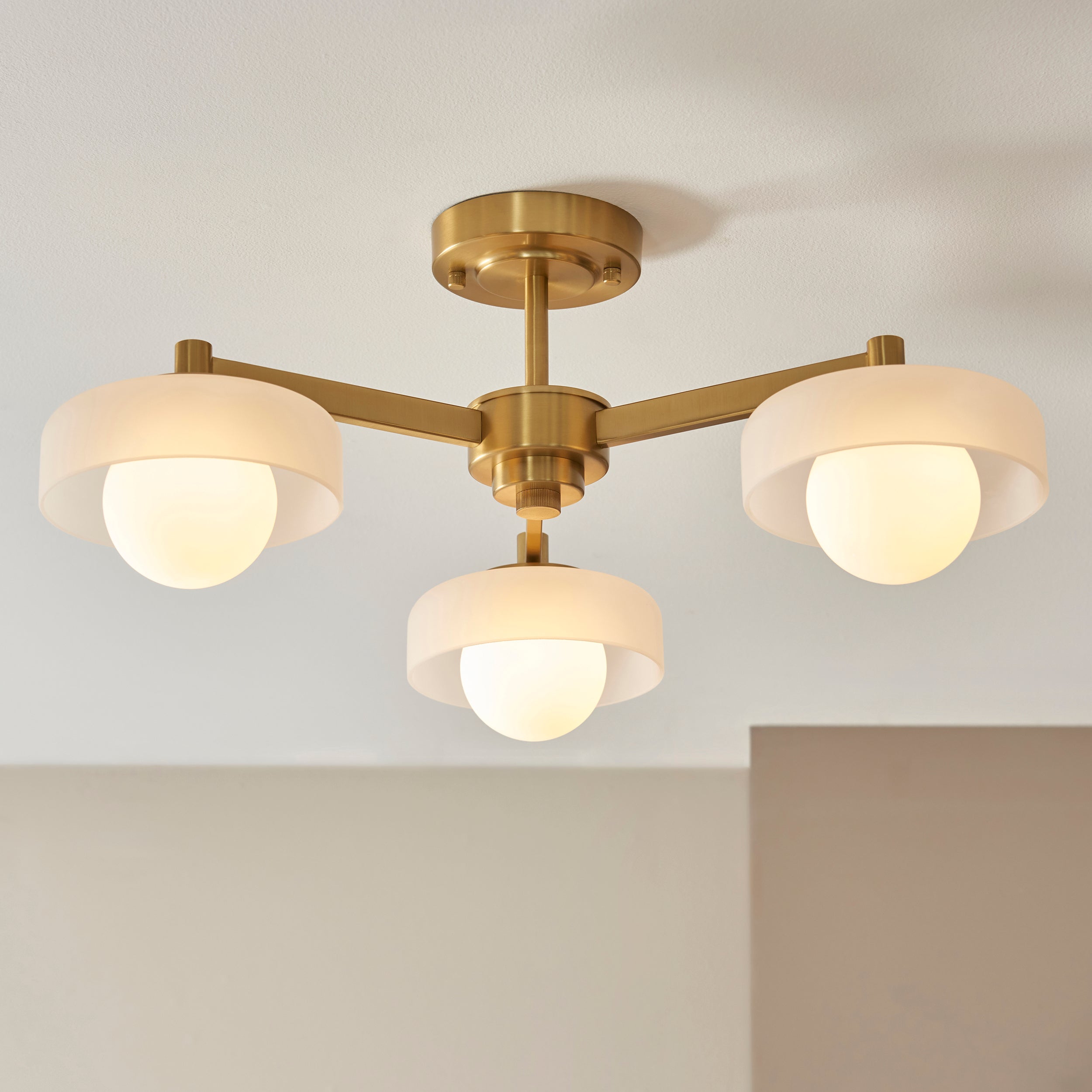 Endon Boss 3 Light Semi Flush Ceiling Light - Brushed Aged Brass Plate With Frosted & Opal Glass