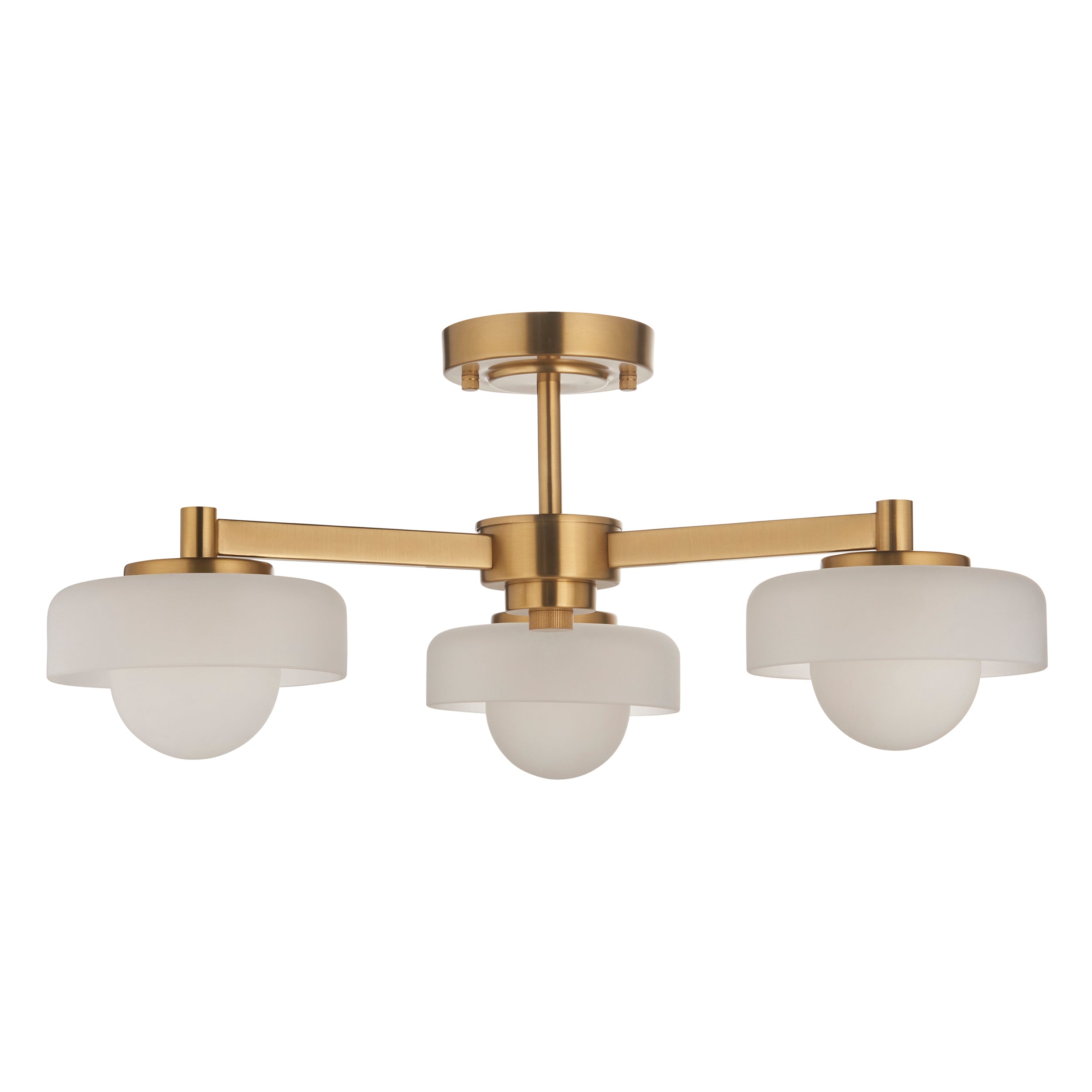Endon Boss 3 Light Semi Flush Ceiling Light - Brushed Aged Brass Plate With Frosted & Opal Glass