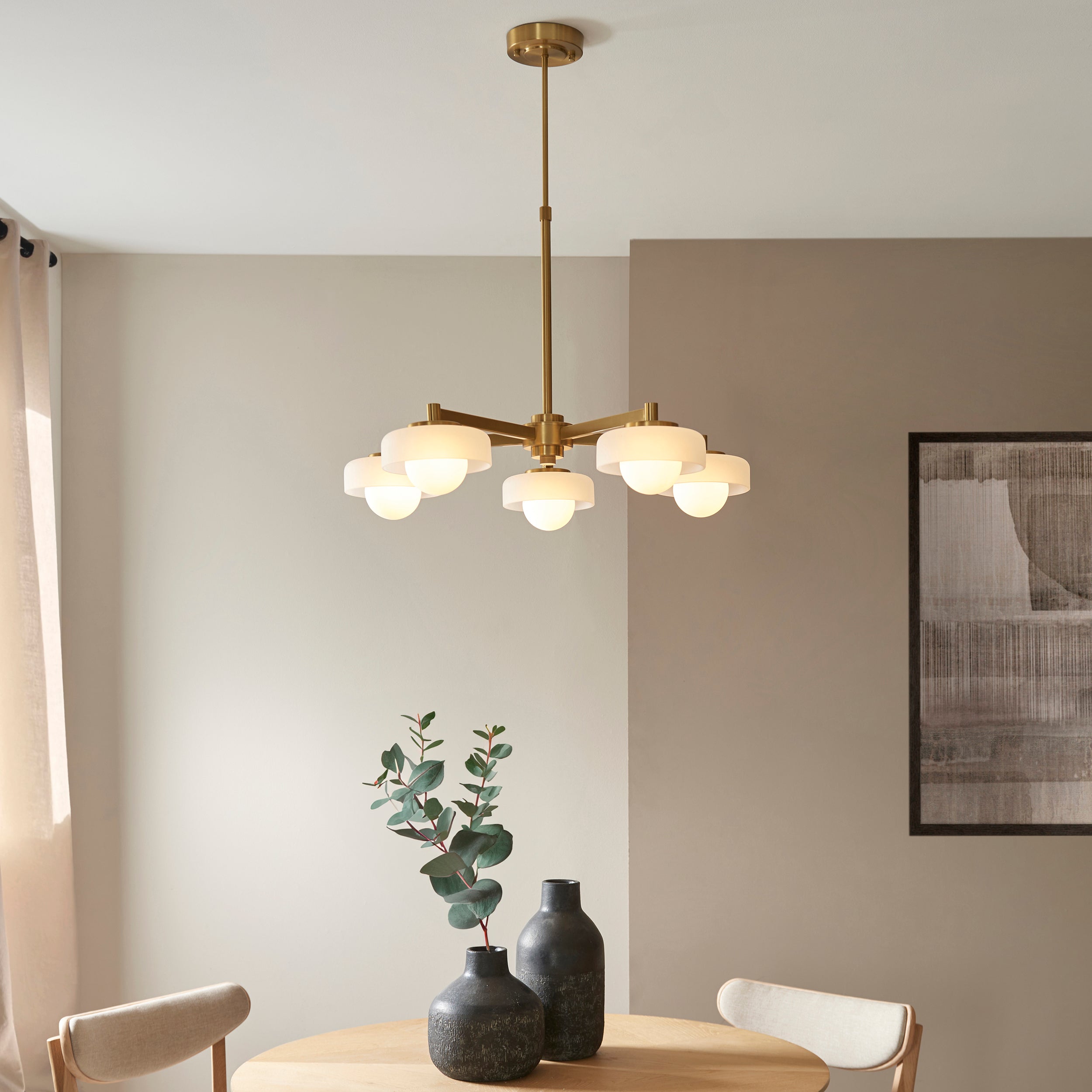 Endon Boss 5 Light Pendant - Brushed Aged Brass Plate With Frosted & Opal Glass