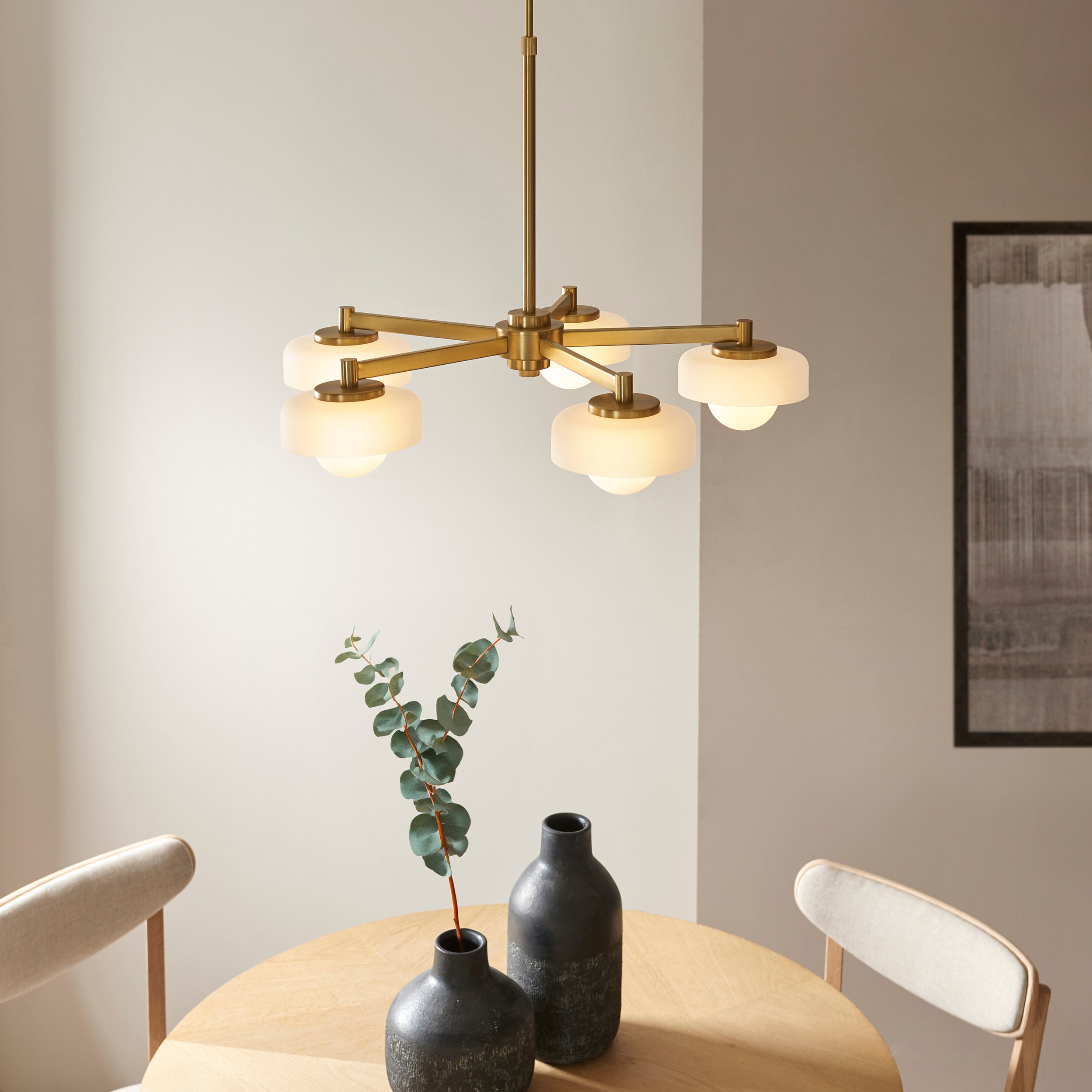 Endon Boss 5 Light Pendant - Brushed Aged Brass Plate With Frosted & Opal Glass