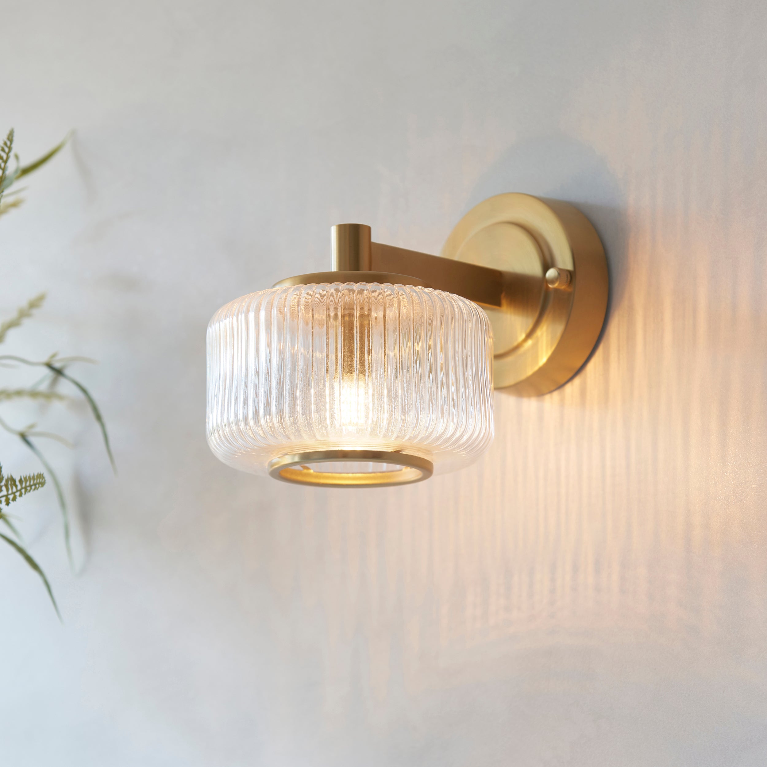 Endon Stamford Wall Light - Brushed Aged Brass Plate & Clear Ribbed Glass