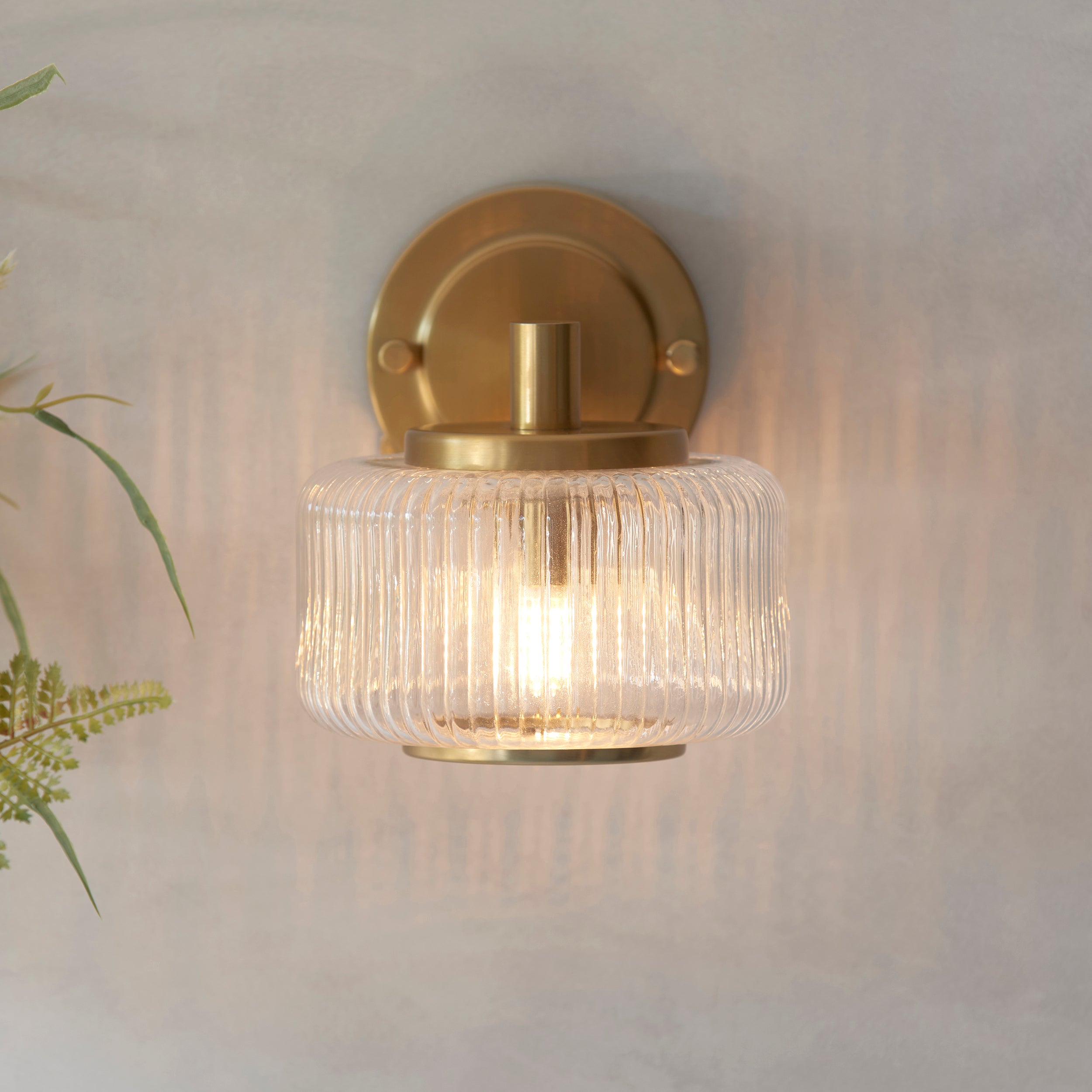 Endon Stamford Wall Light - Brushed Aged Brass Plate & Clear Ribbed Glass