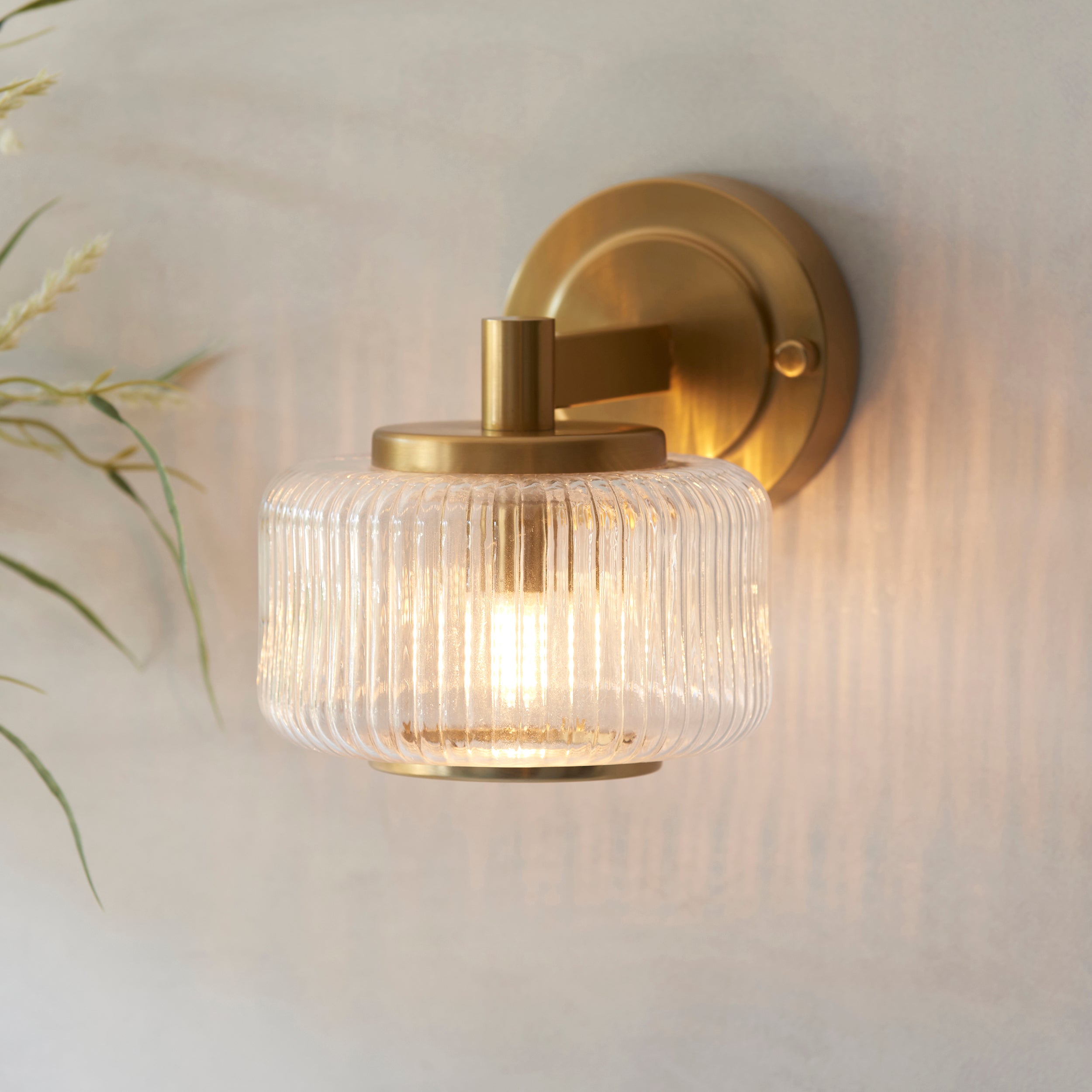 Endon Stamford Wall Light - Brushed Aged Brass Plate & Clear Ribbed Glass