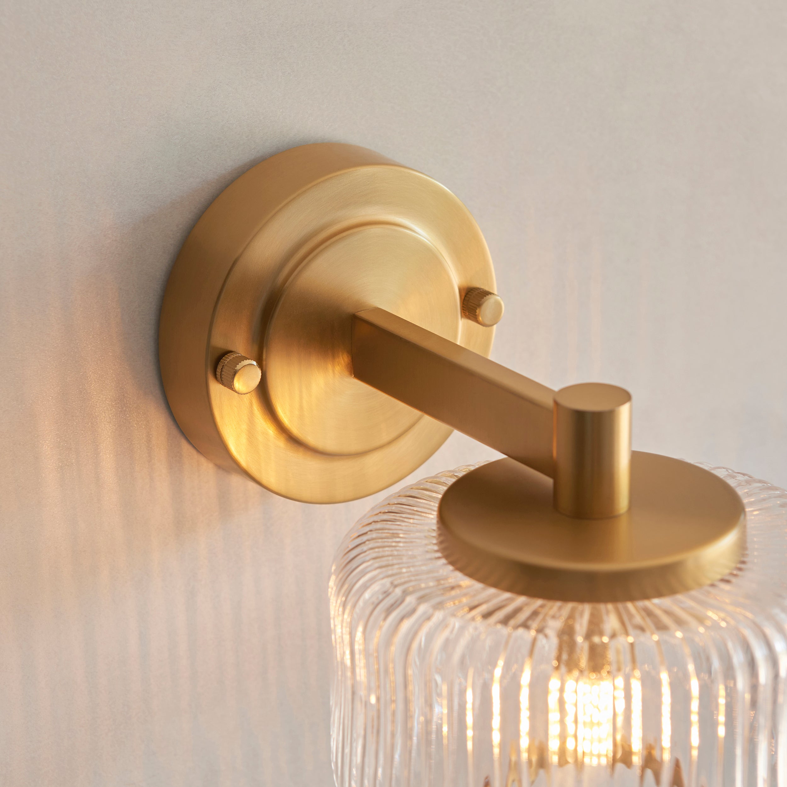 Endon Stamford Wall Light - Brushed Aged Brass Plate & Clear Ribbed Glass