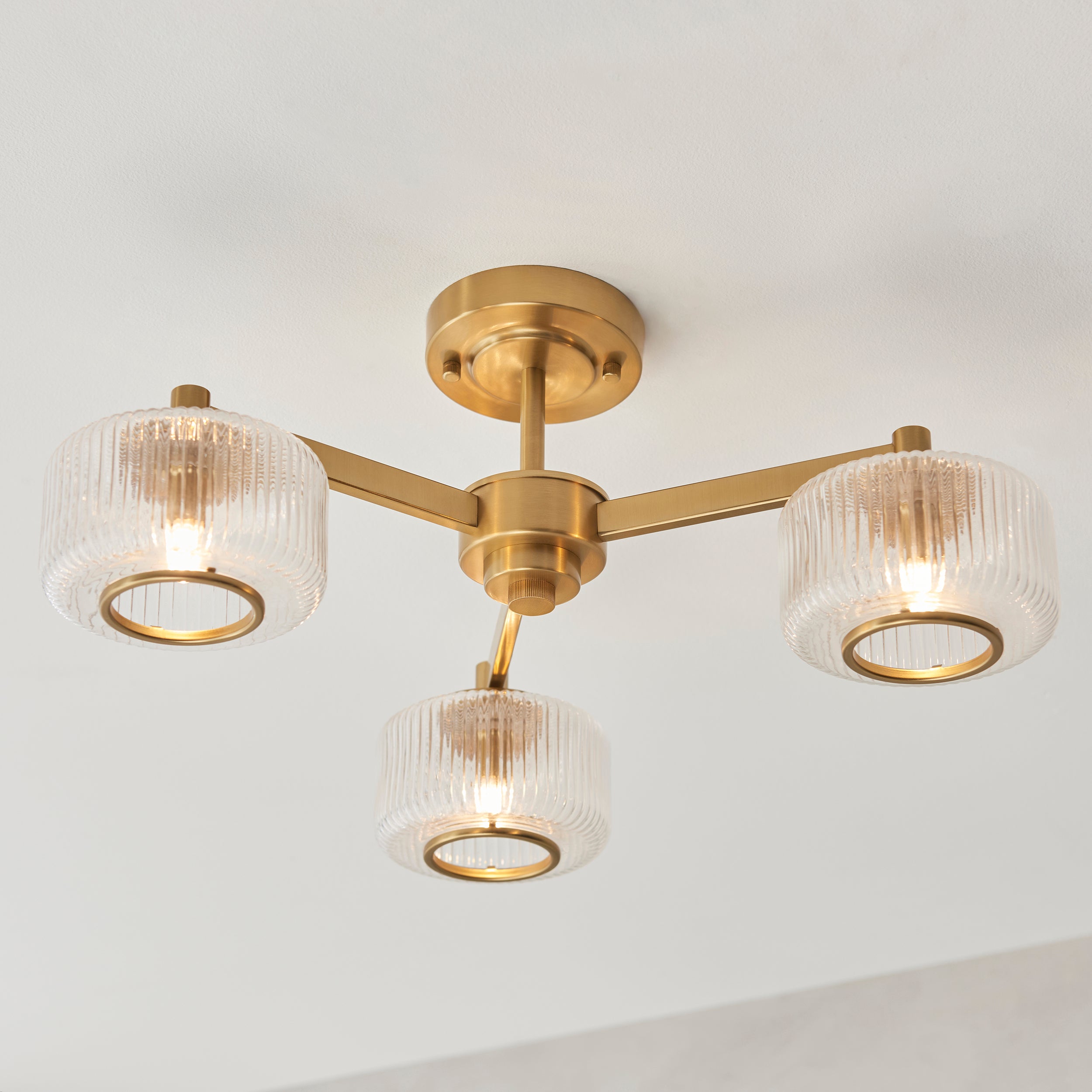 Endon Stamford 3 Light Semi Flush Ceiling Light - Brushed Aged Brass Plate & Clear Ribbed Glass