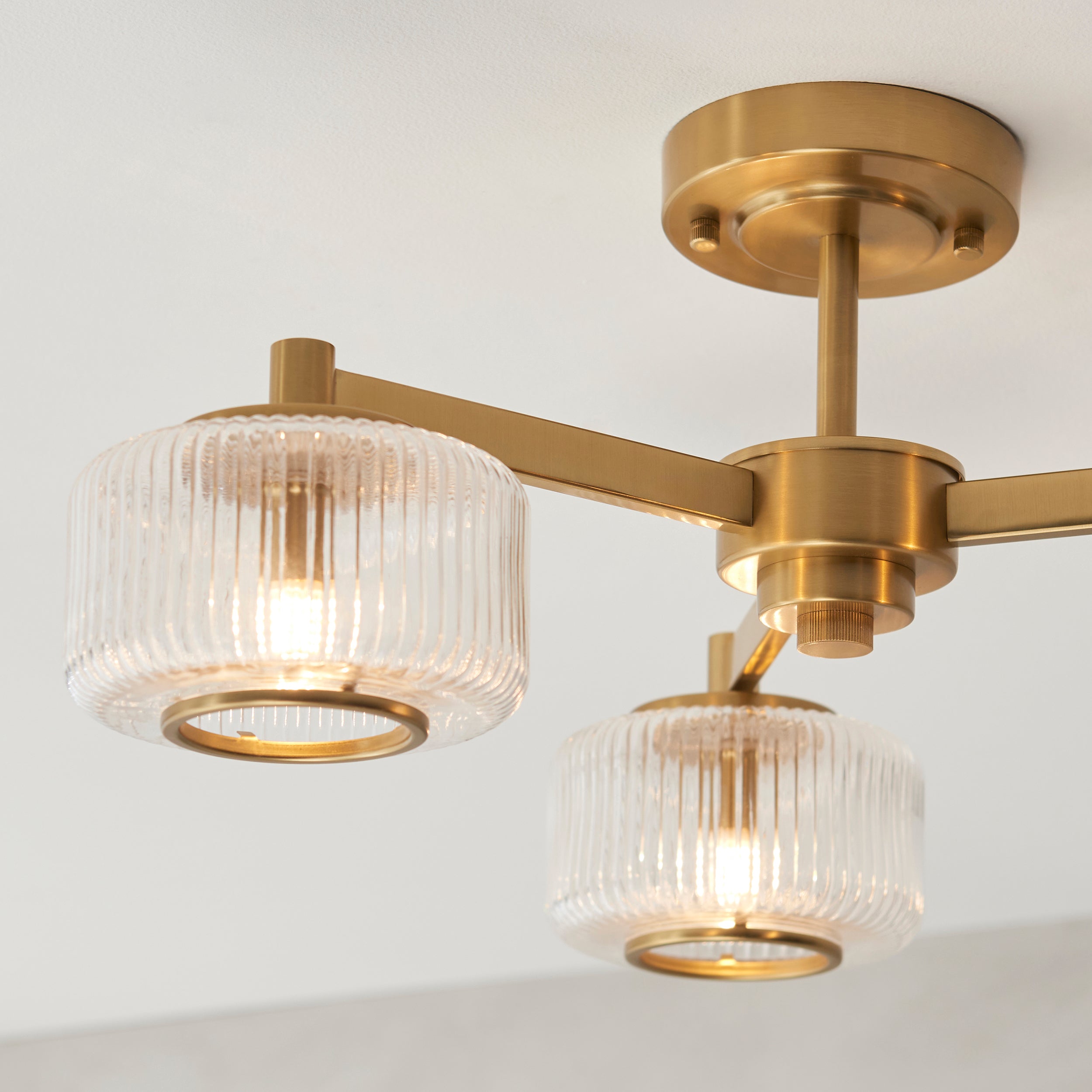 Endon Stamford 3 Light Semi Flush Ceiling Light - Brushed Aged Brass Plate & Clear Ribbed Glass