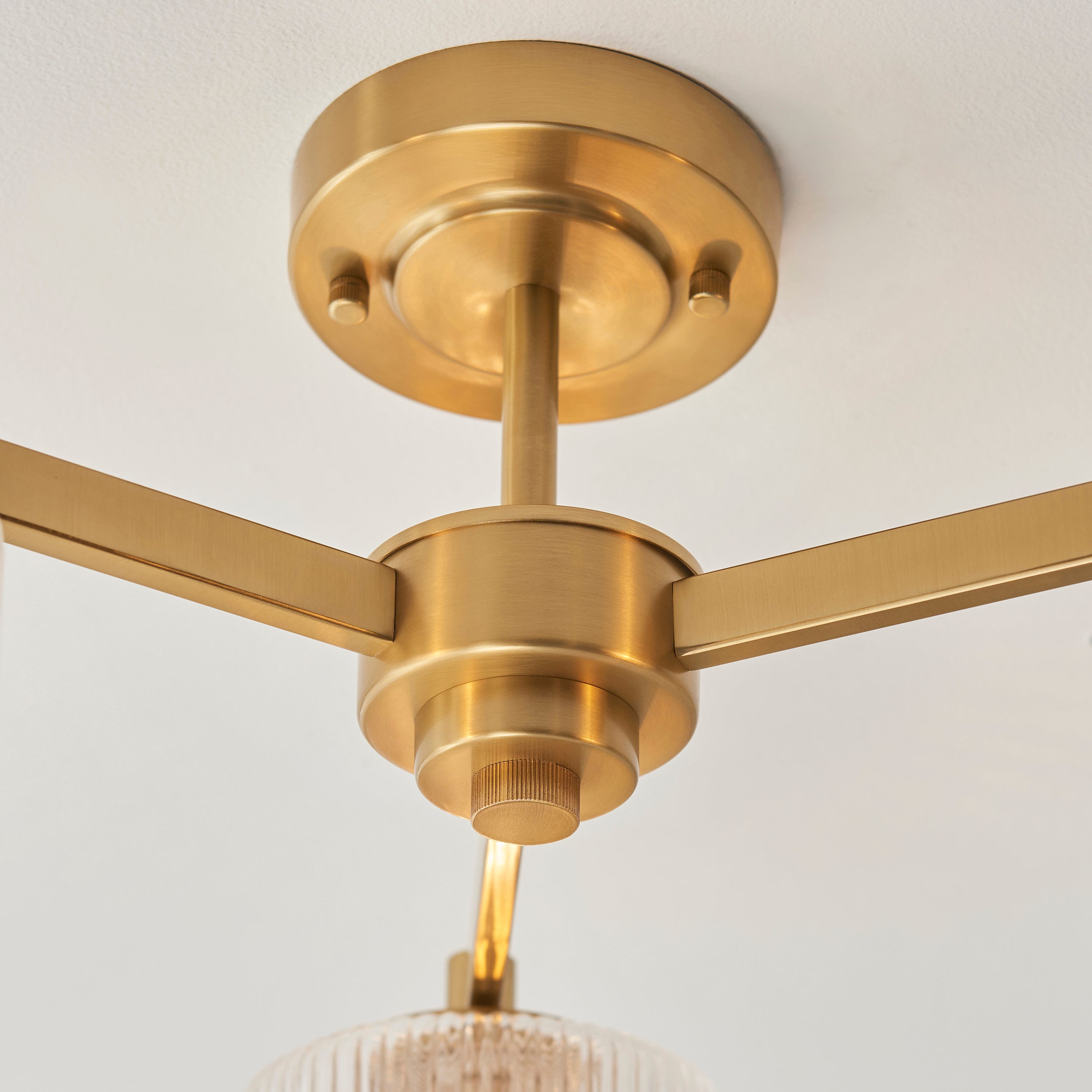 Endon Stamford 3 Light Semi Flush Ceiling Light - Brushed Aged Brass Plate & Clear Ribbed Glass