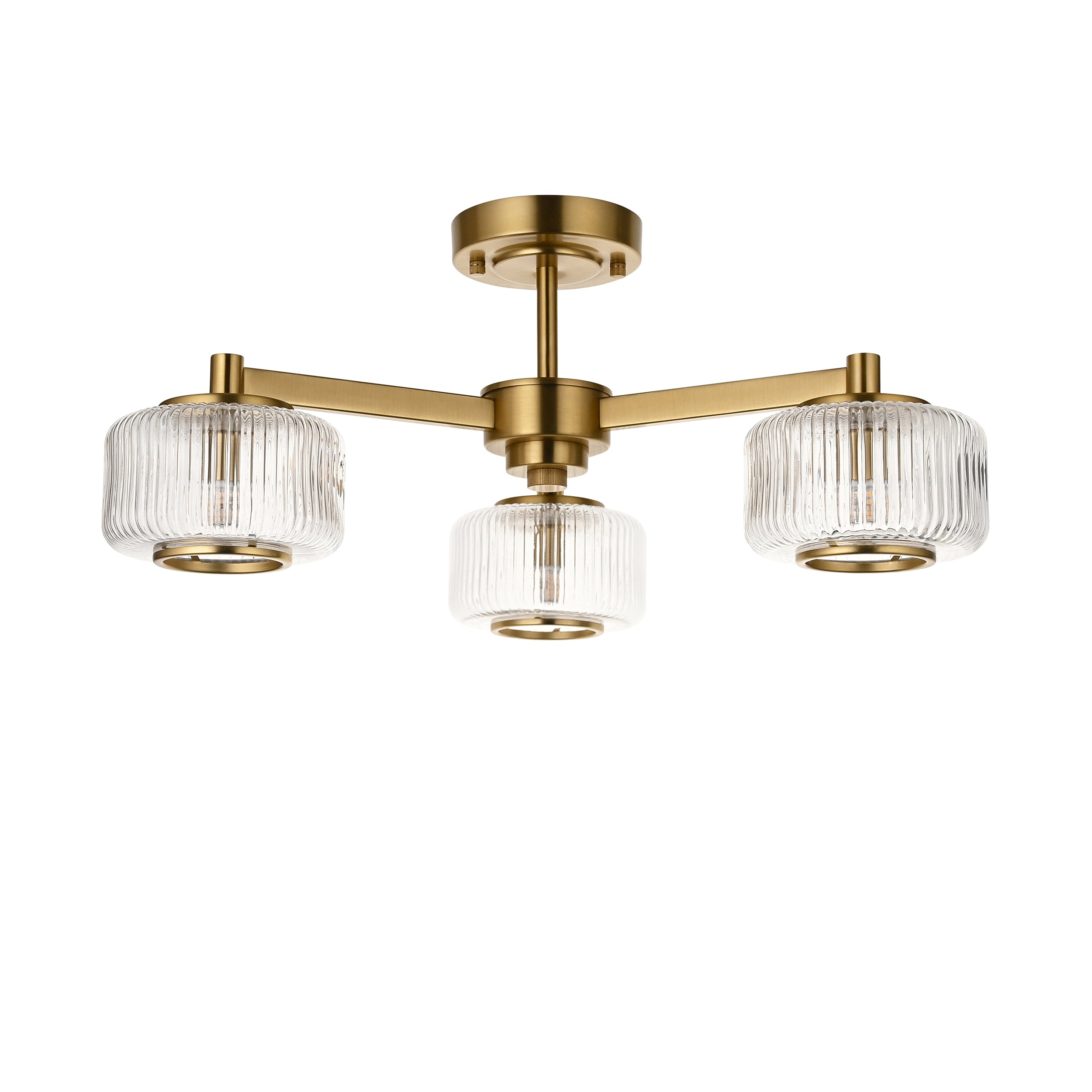 Endon Stamford 3 Light Semi Flush Ceiling Light - Brushed Aged Brass Plate & Clear Ribbed Glass