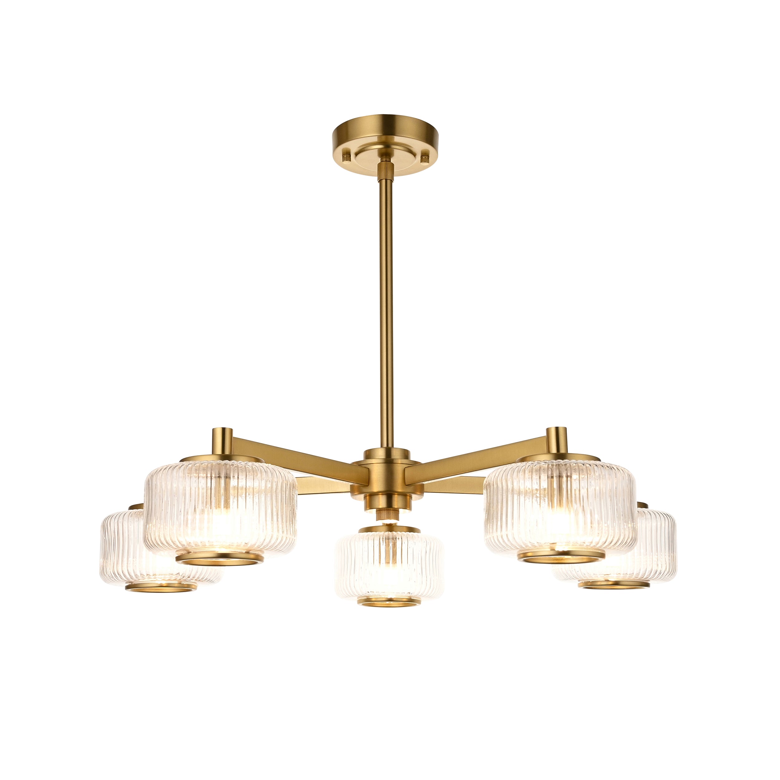 Endon Stamford 5 Light Pendant - Brushed Aged Brass Plate & Clear Ribbed Glass