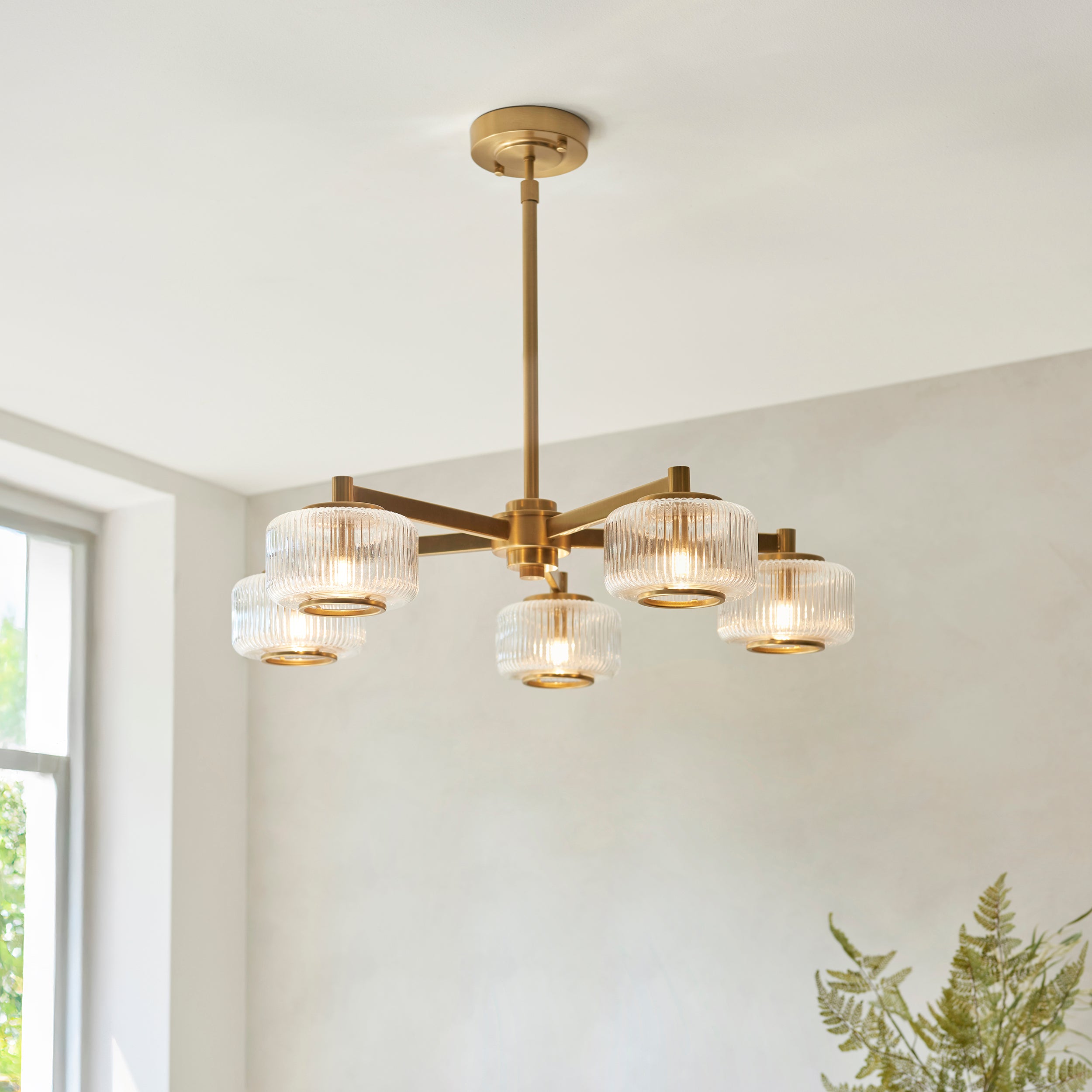 Endon Stamford 5 Light Pendant - Brushed Aged Brass Plate & Clear Ribbed Glass