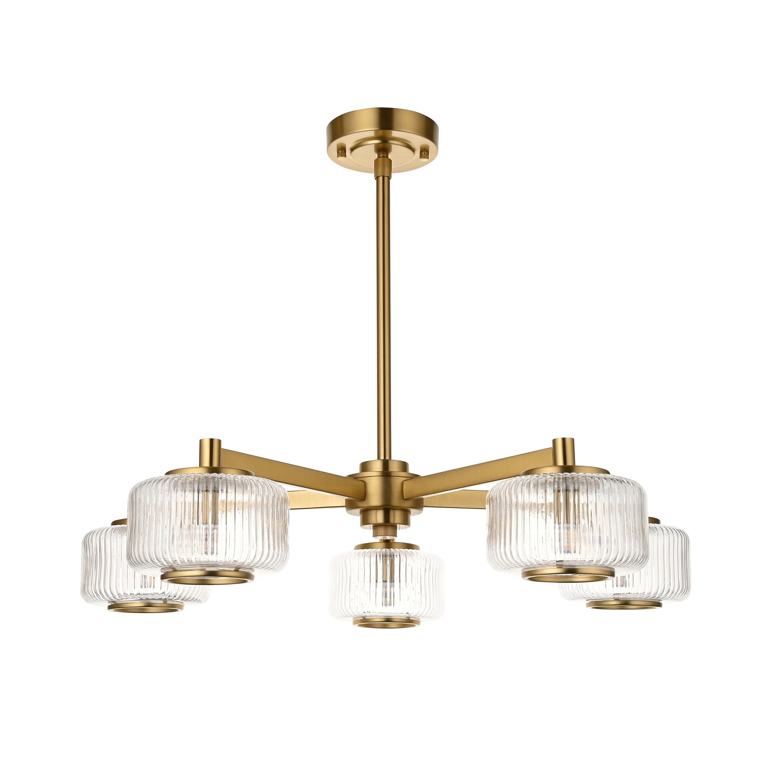 Endon Stamford 5 Light Pendant - Brushed Aged Brass Plate & Clear Ribbed Glass