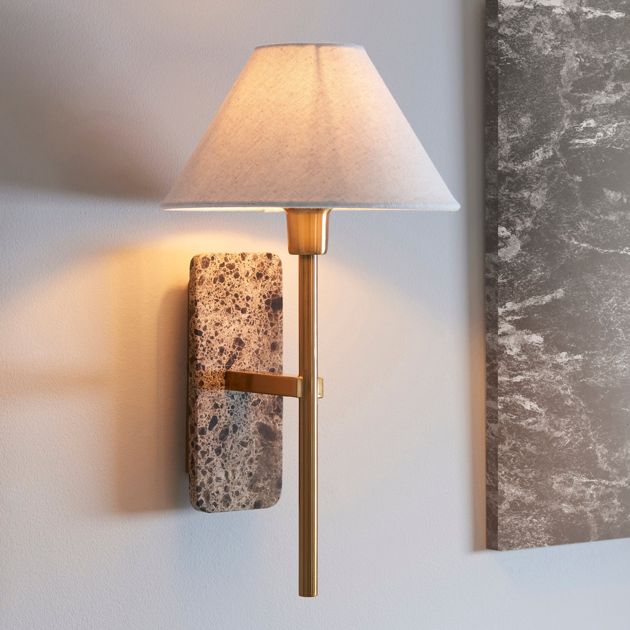 Endon Faro Wall Light - Dark Brown Emperador Marble & Vintage Brass With Natural Linen
