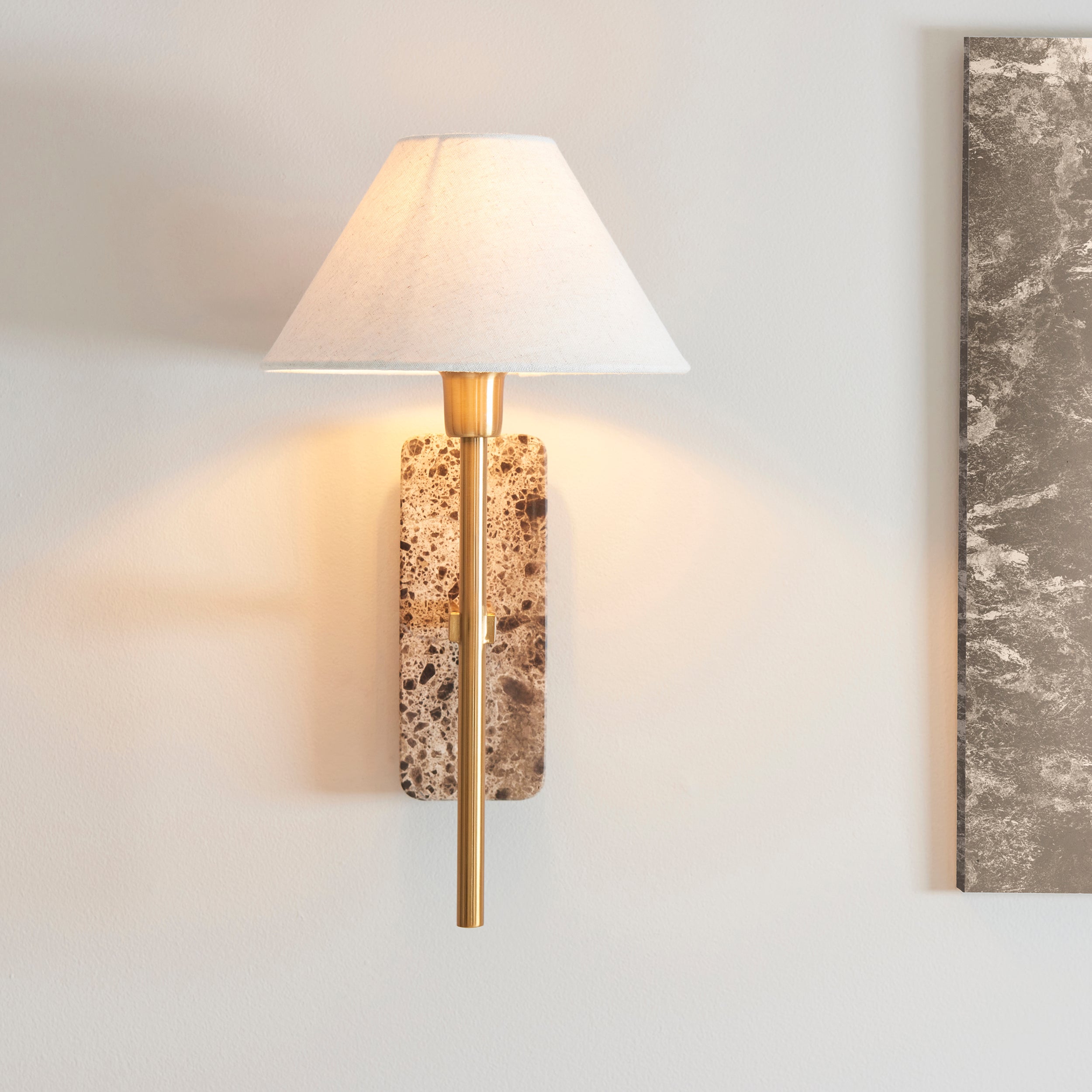 Endon Faro Wall Light - Dark Brown Emperador Marble & Vintage Brass With Natural Linen