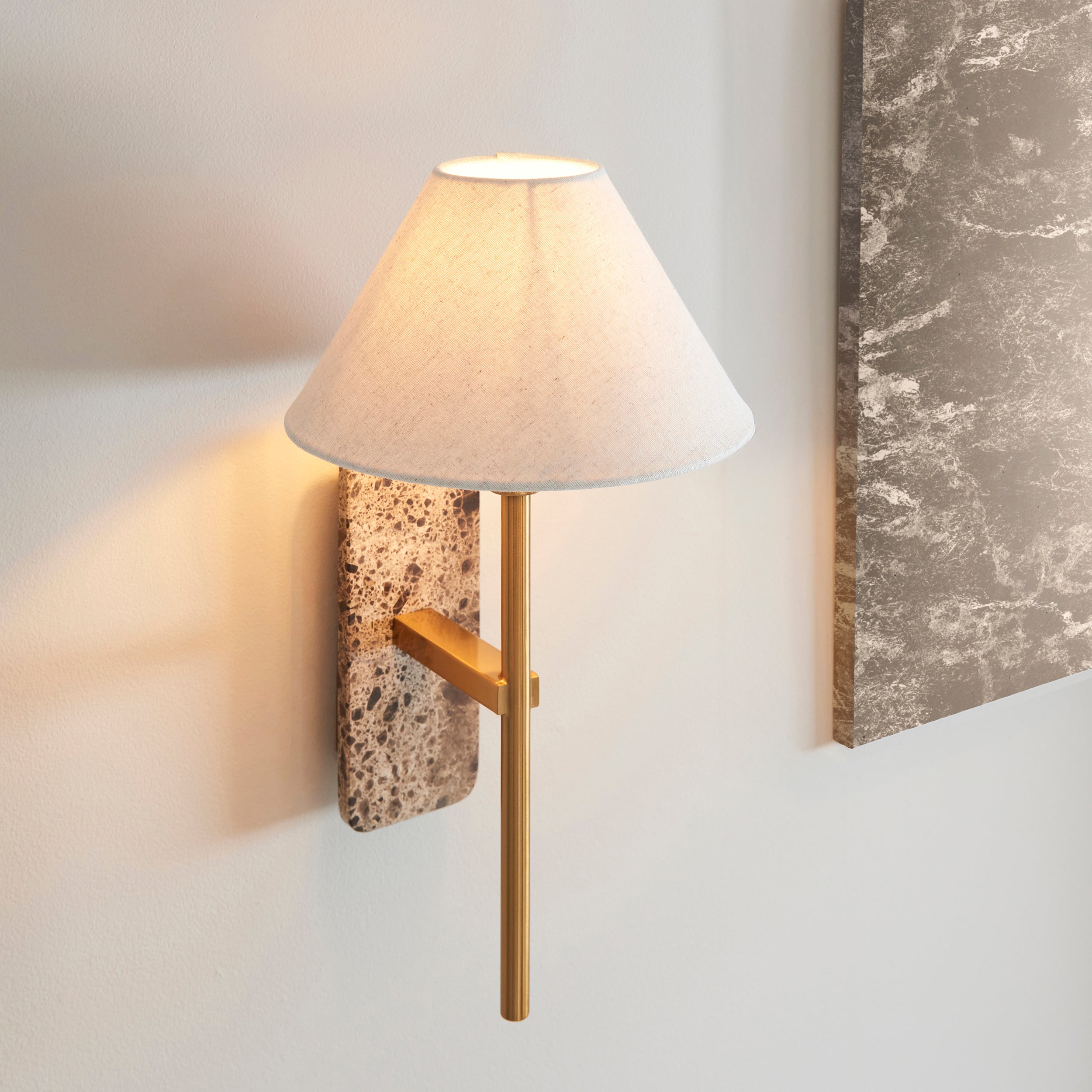 Endon Faro Wall Light - Dark Brown Emperador Marble & Vintage Brass With Natural Linen