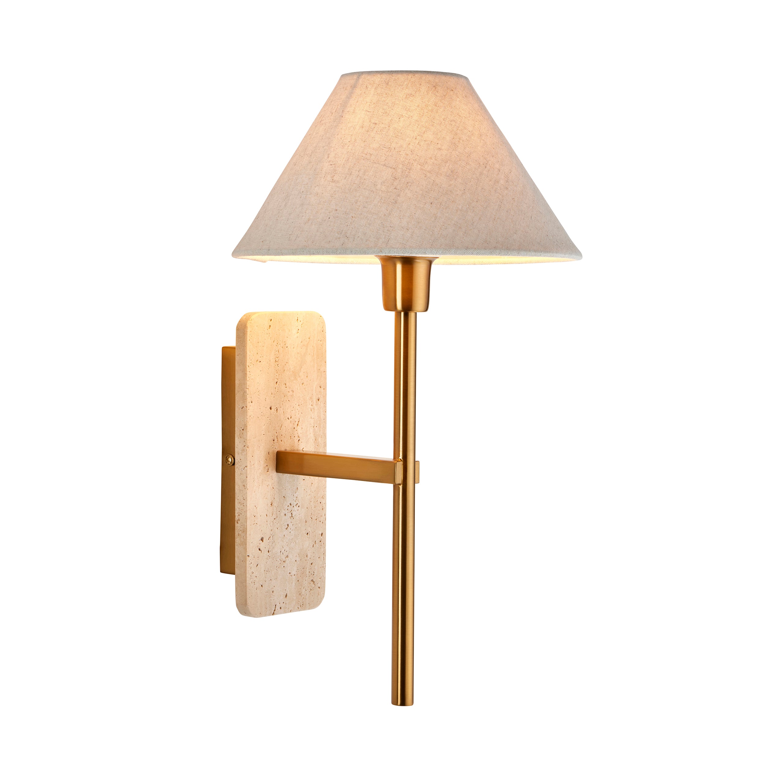 Endon Faro Wall Light - Natural Travertine & Vintage Brass With Natural Linen