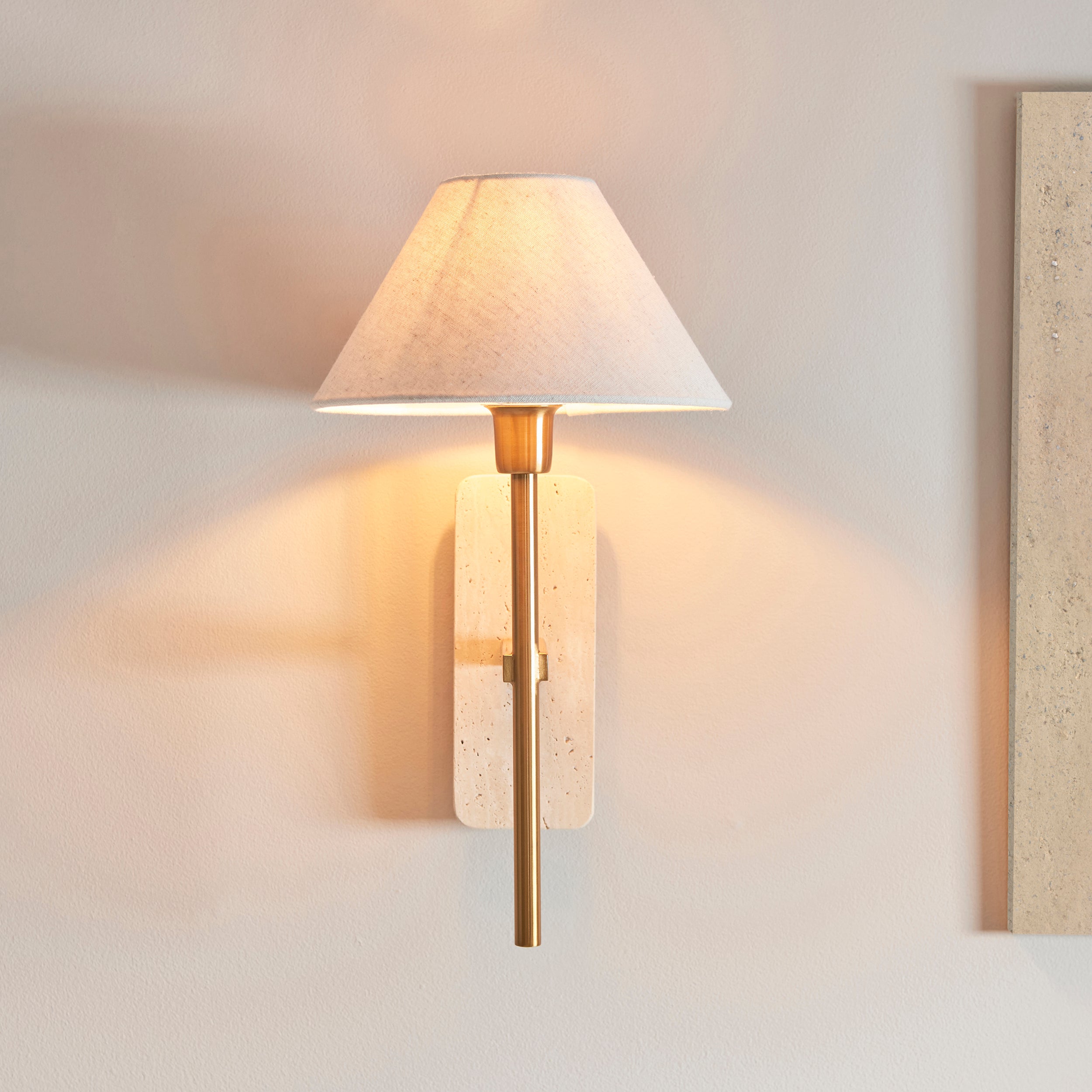 Endon Faro Wall Light - Natural Travertine & Vintage Brass With Natural Linen