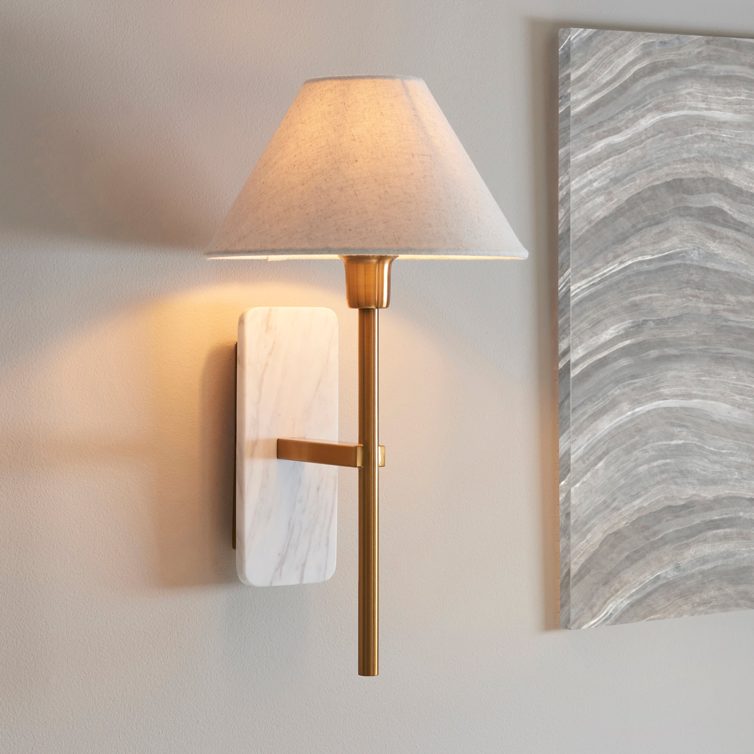 Endon Faro Wall Light - White Volakas Marble & Vintage Brass With Natural Linen