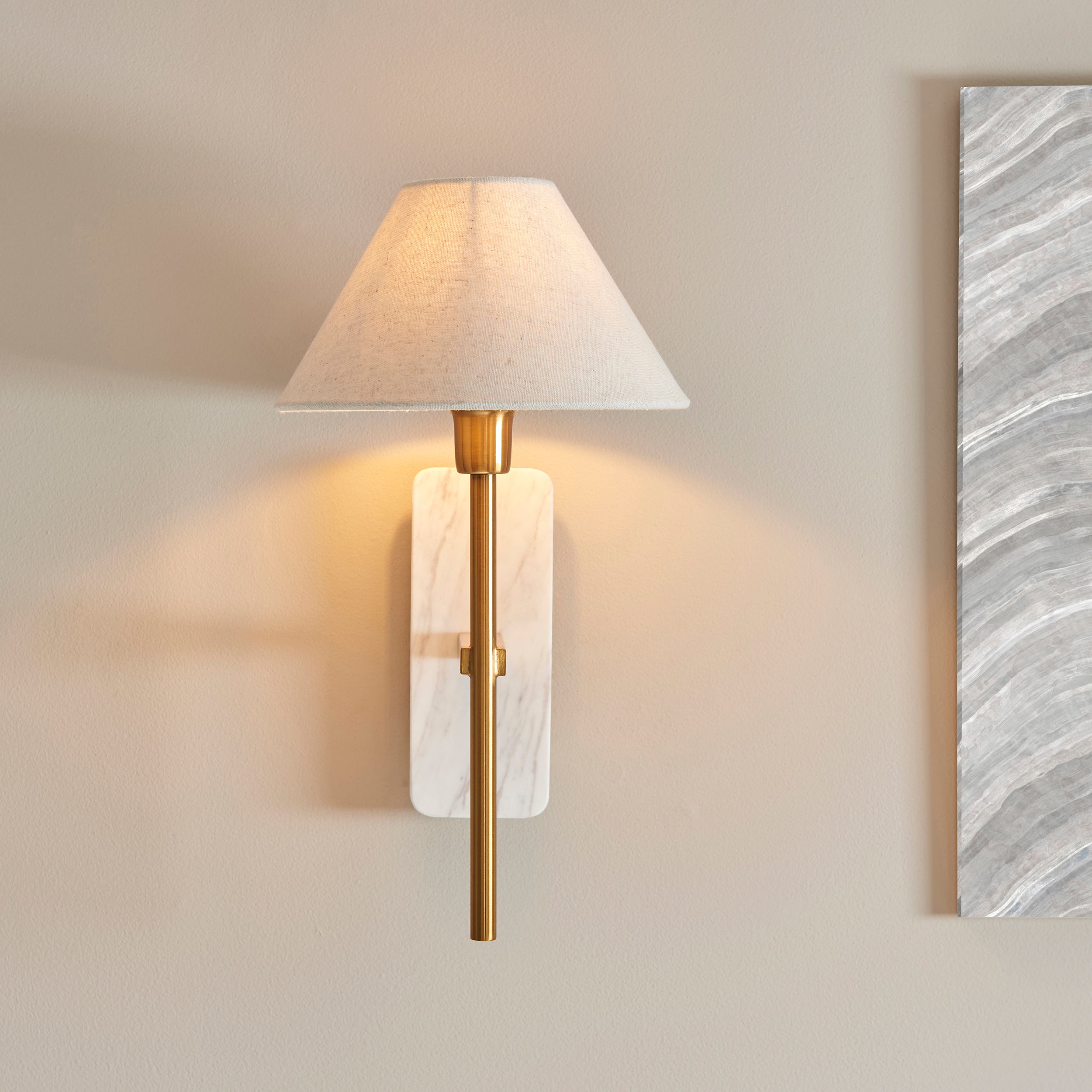 Endon Faro Wall Light - White Volakas Marble & Vintage Brass With Natural Linen