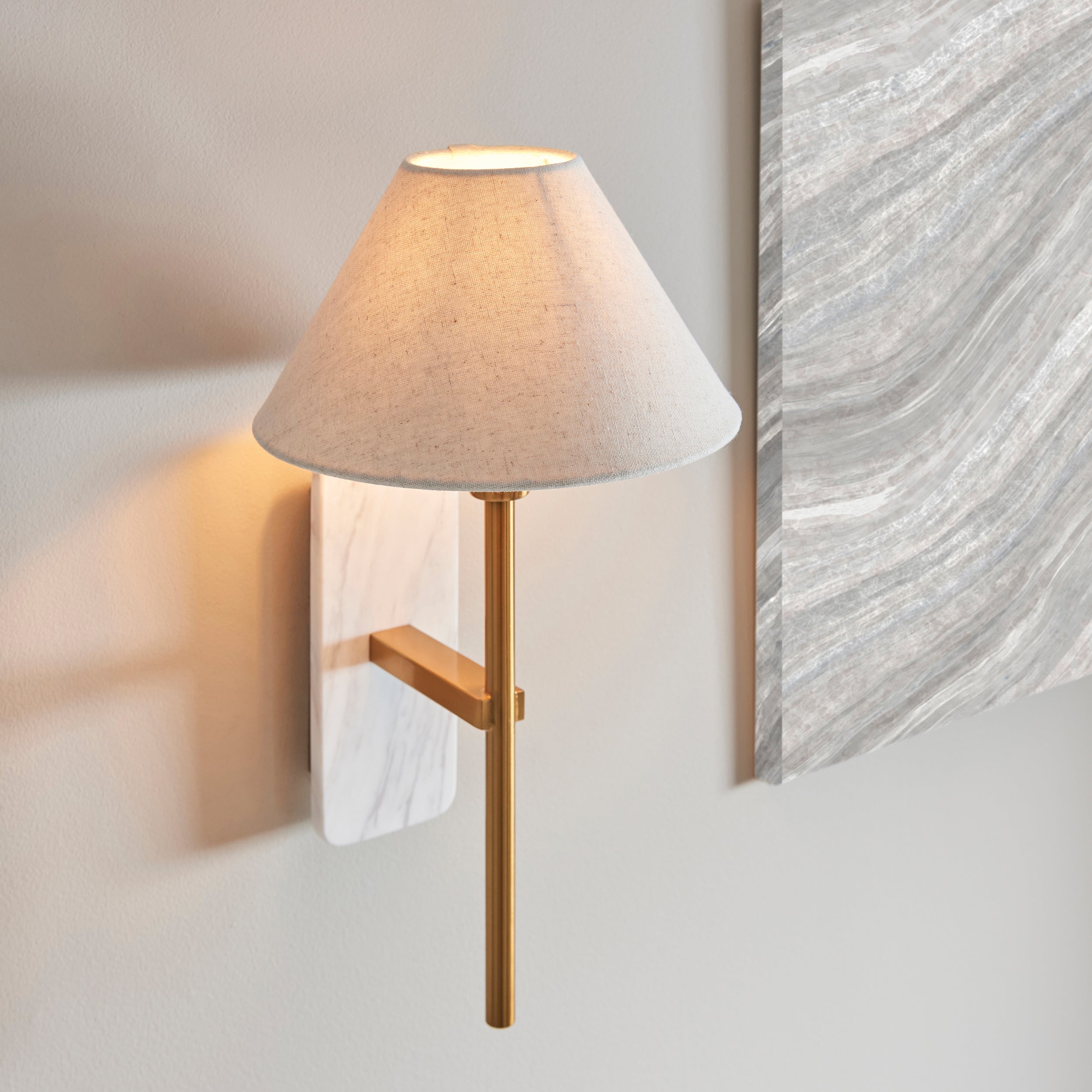 Endon Faro Wall Light - White Volakas Marble & Vintage Brass With Natural Linen