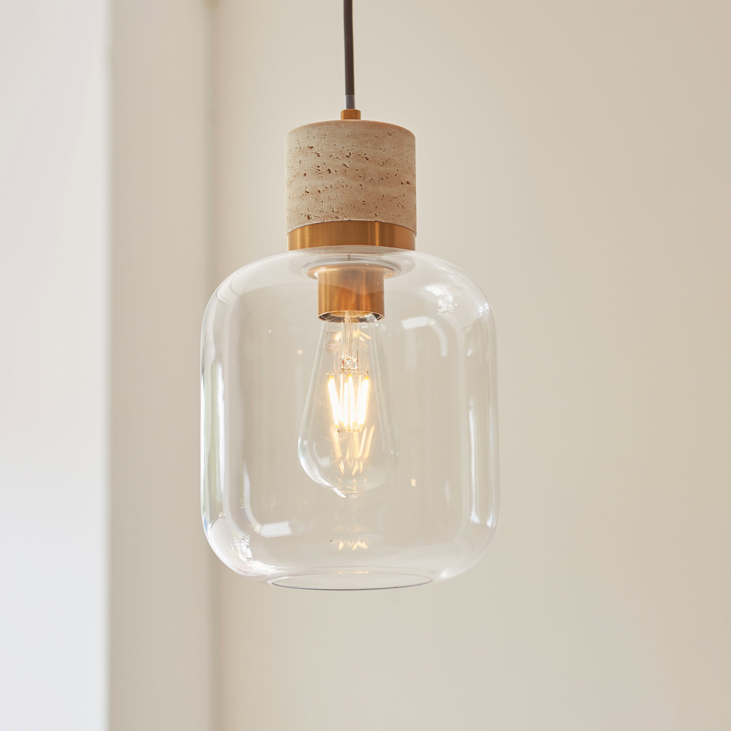 Endon Travi Pendant - Natural Travertine, Vintage Brass & Clear Glass