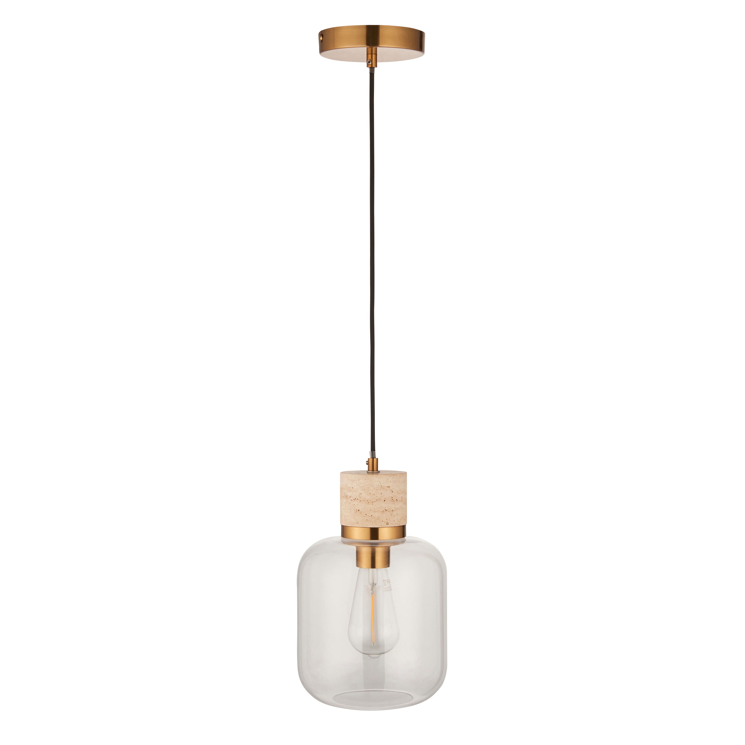 Endon Travi Pendant - Natural Travertine, Vintage Brass & Clear Glass