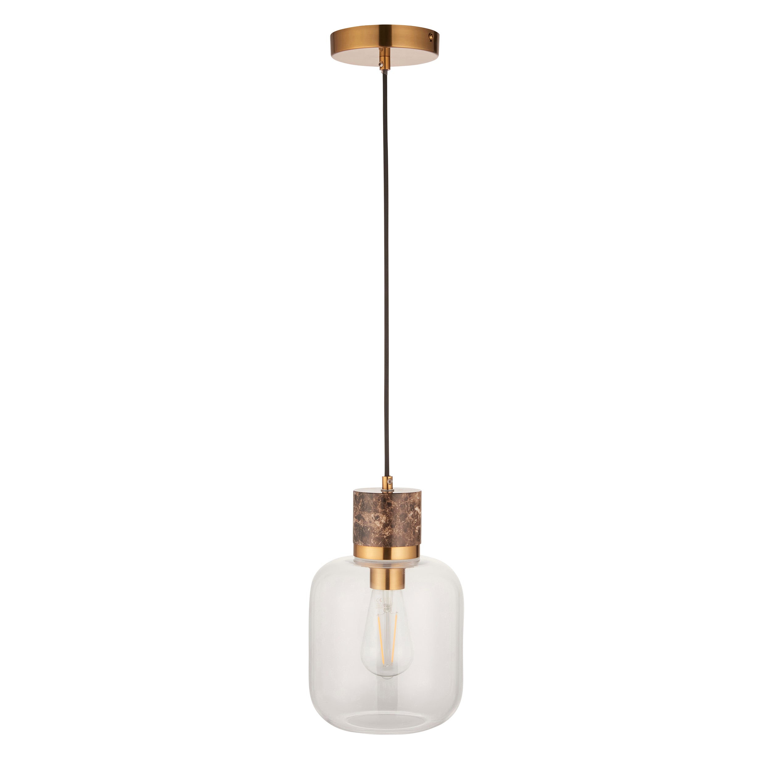 Endon Travi Pendant - Dark Brown Emperador Marble, Vintage Brass & Clear Glass