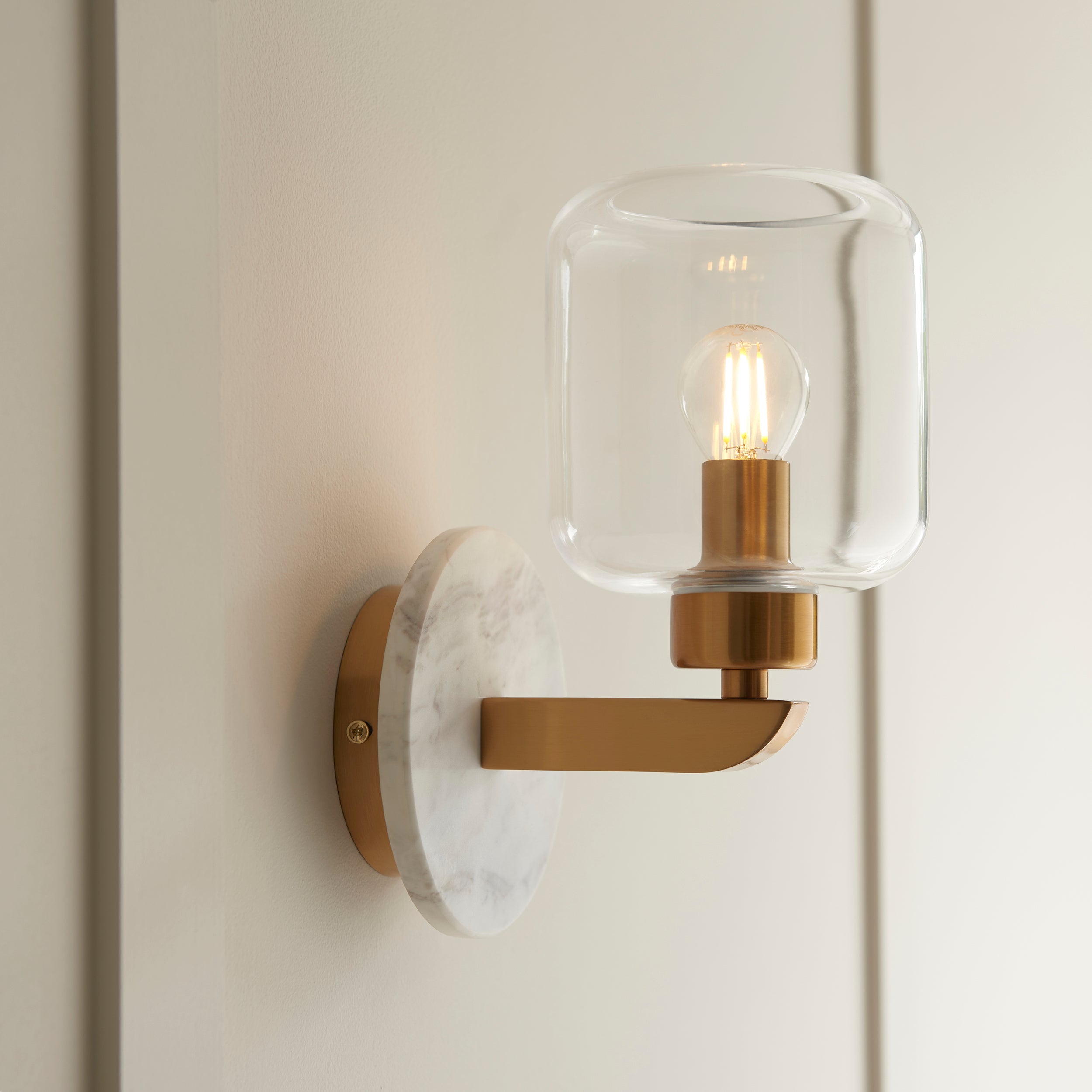 Endon Travi Wall Light - White Volakas Marble, Vintage Brass & Clear Glass