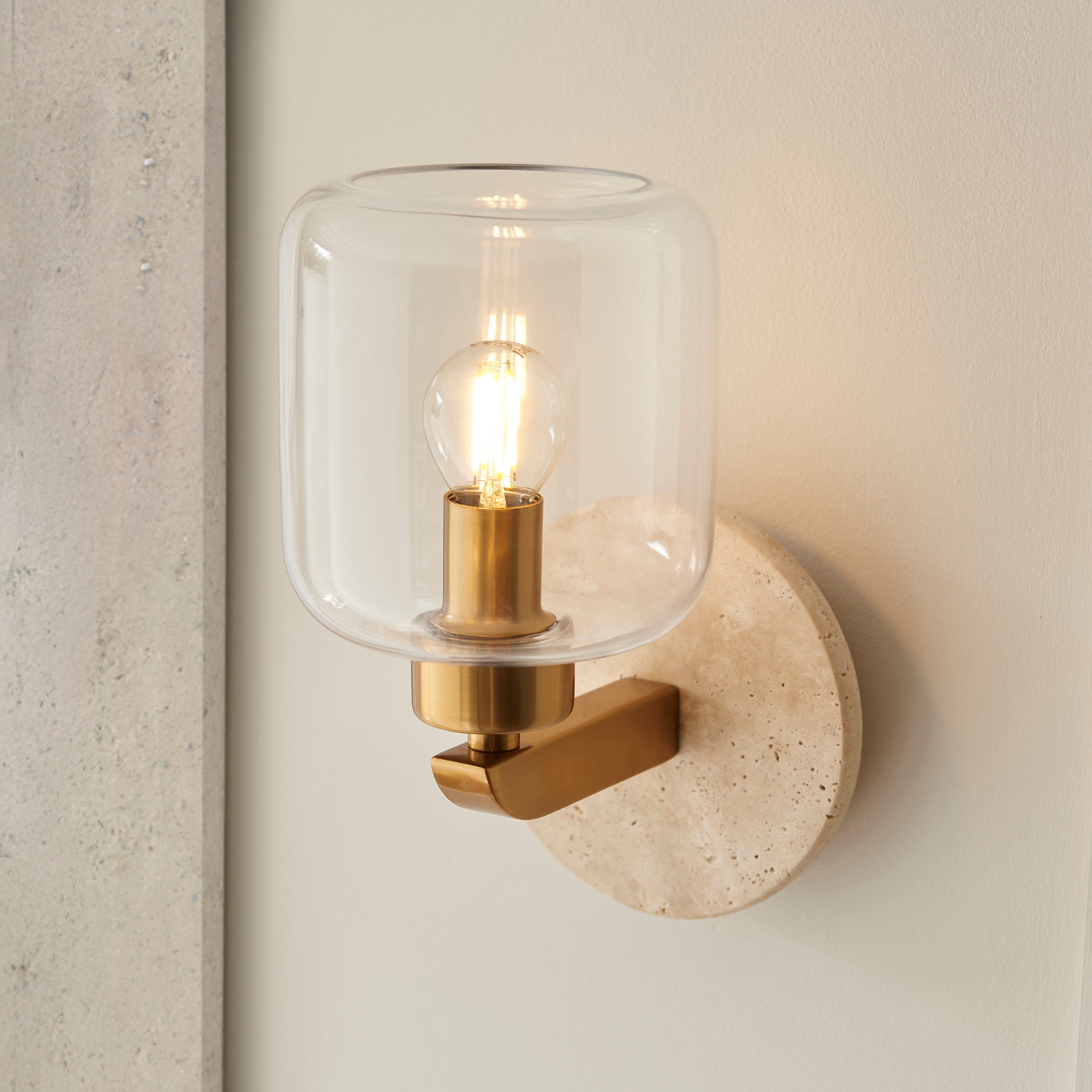 Endon Travi Wall Light - Natural Travertine, Vintage Brass & Clear Glass