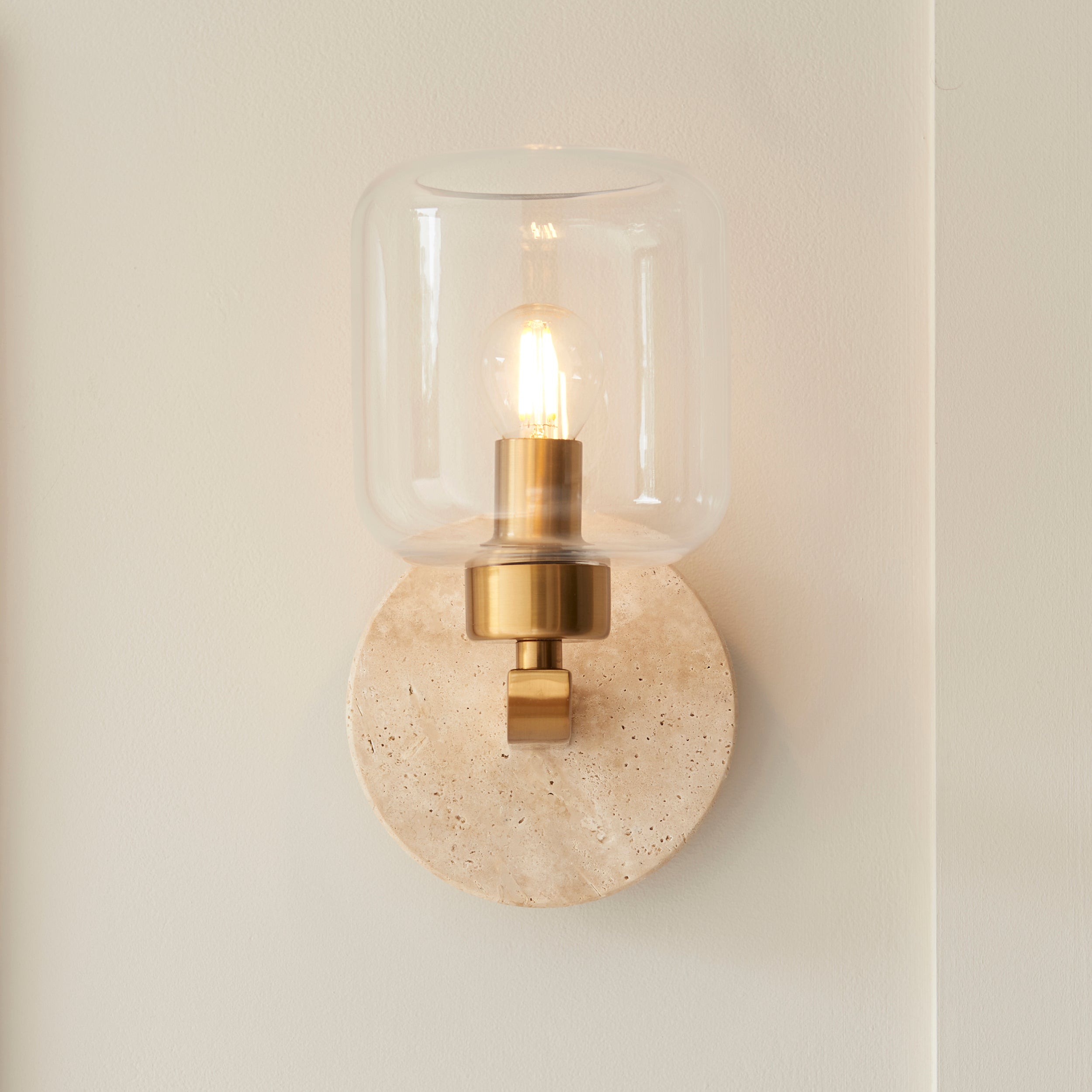 Endon Travi Wall Light - Natural Travertine, Vintage Brass & Clear Glass