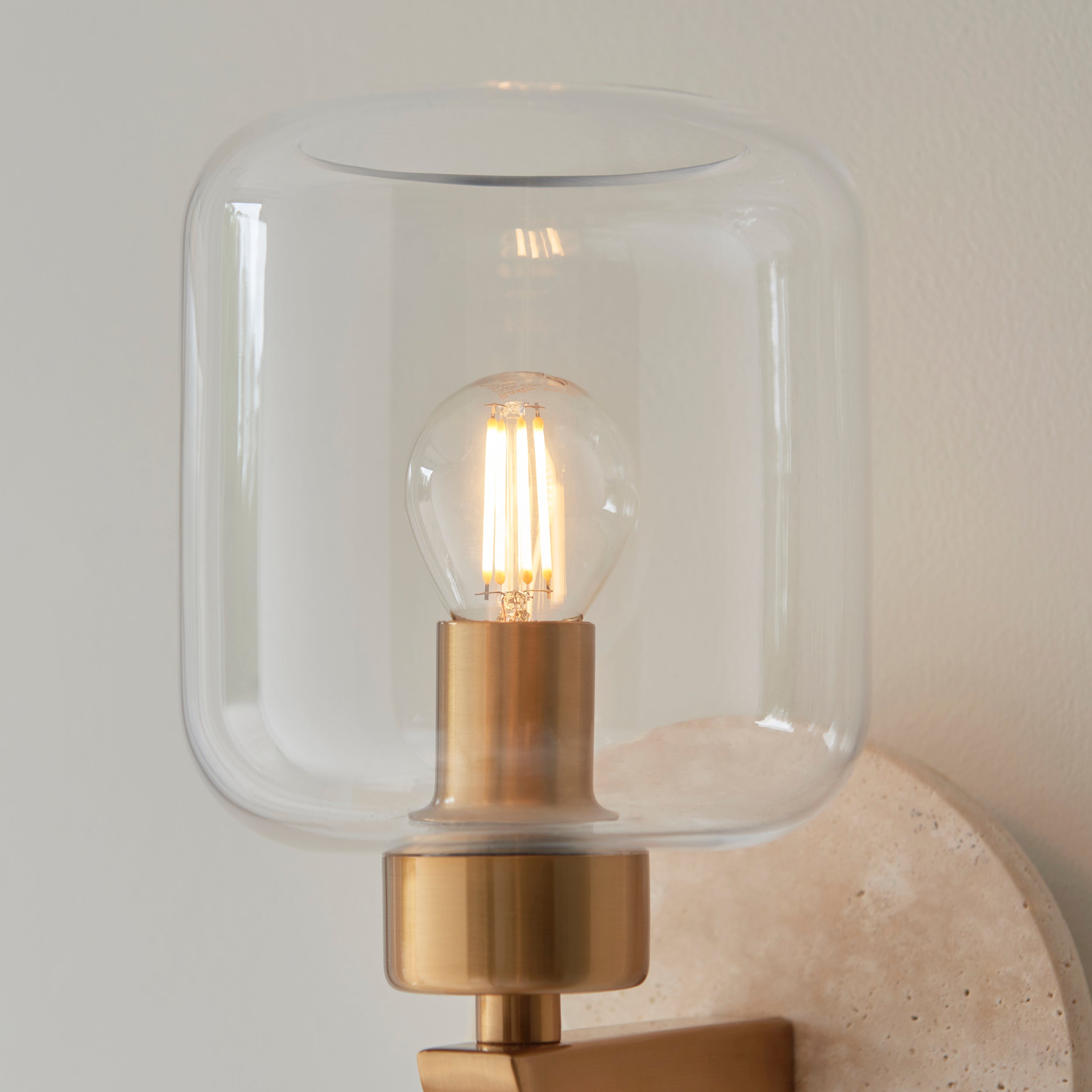 Endon Travi Wall Light - Natural Travertine, Vintage Brass & Clear Glass