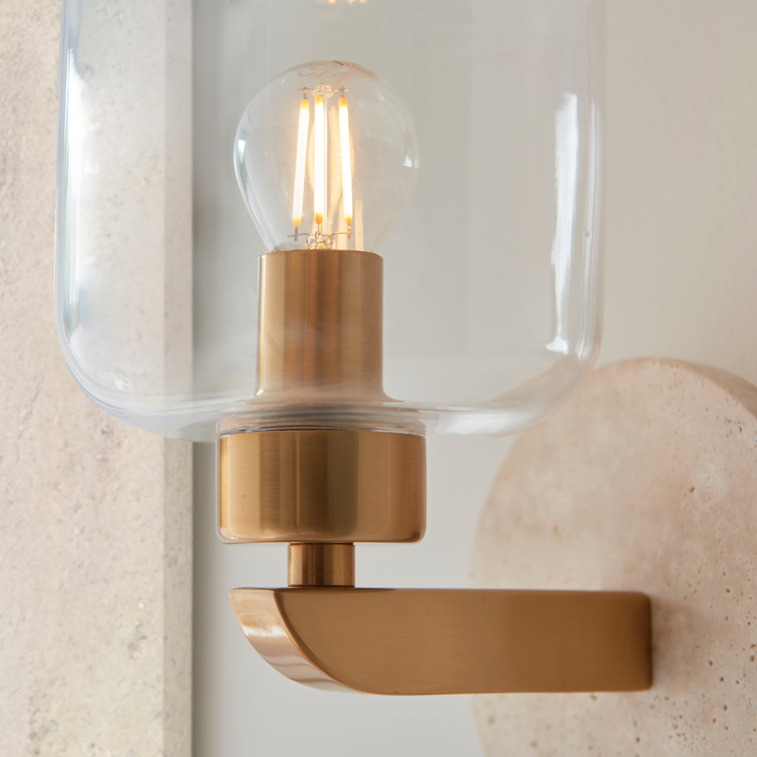 Endon Travi Wall Light - Natural Travertine, Vintage Brass & Clear Glass